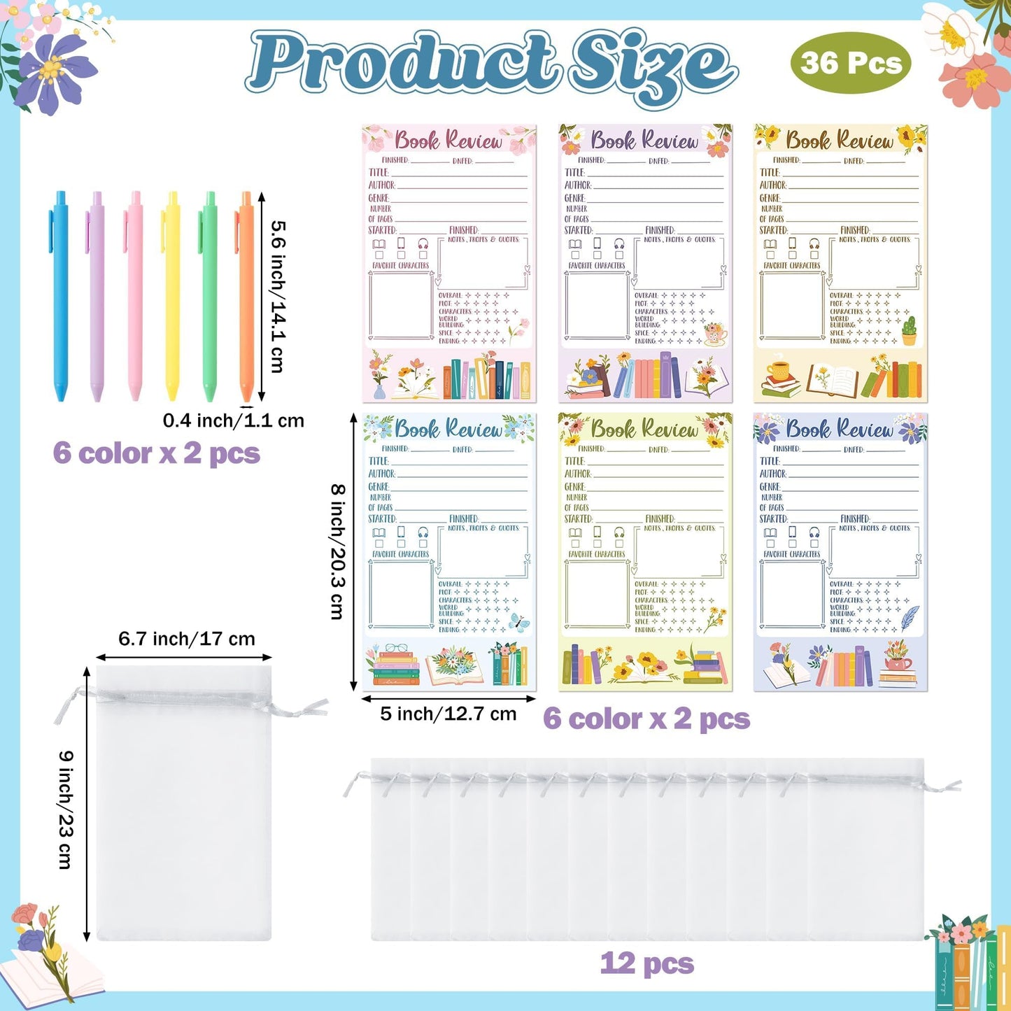 L1rabe Flower Book Review Notepad Set - Back to School Gift 12 Reading Journal Tracking Notepads 12 Pens 12 Organza Bags for Book Lovers Readers Bookish Bookworm Gift, Reading Log for Students Women