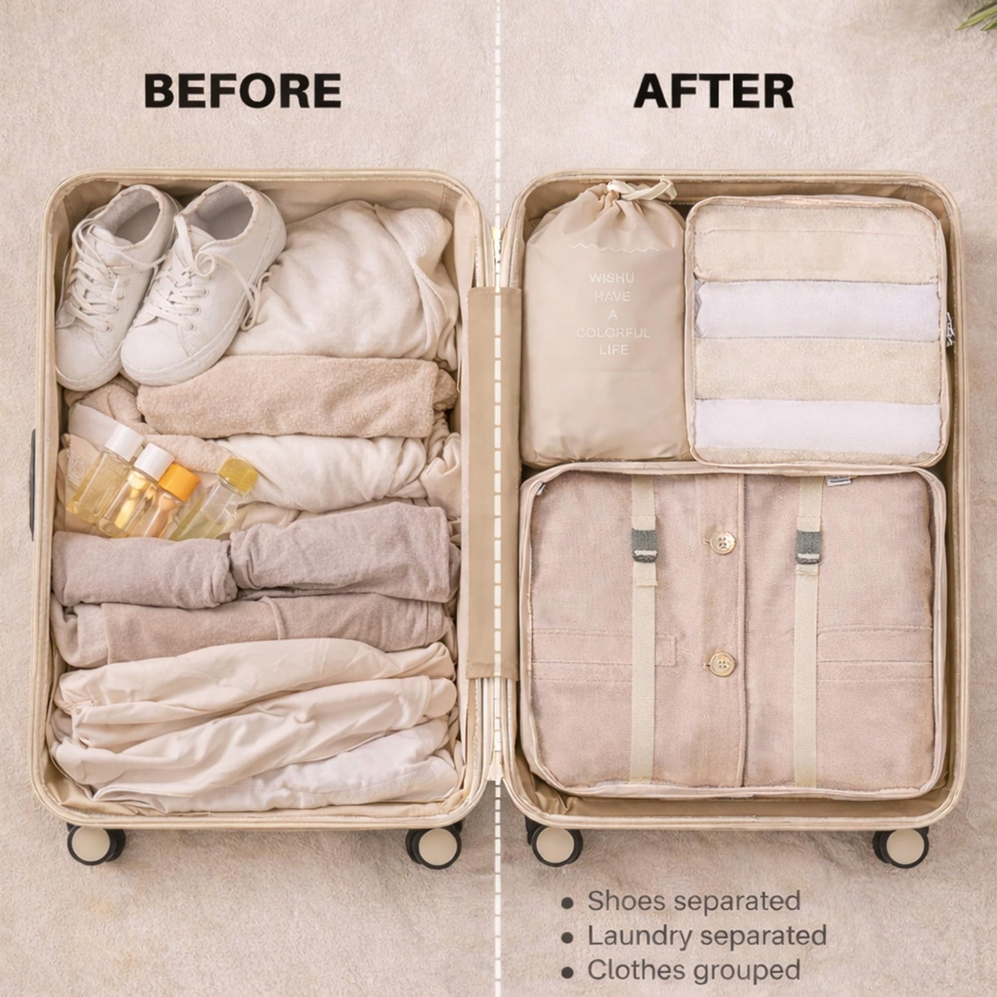 7 Set Packing Cubes For Travel | Luggage Organizer Bags With Shoe, Laundry Bag, Accessory Pouch And Lingerie Bag | Durable And Space Saving Suitcase Organizer For Travel Essentials | Beige