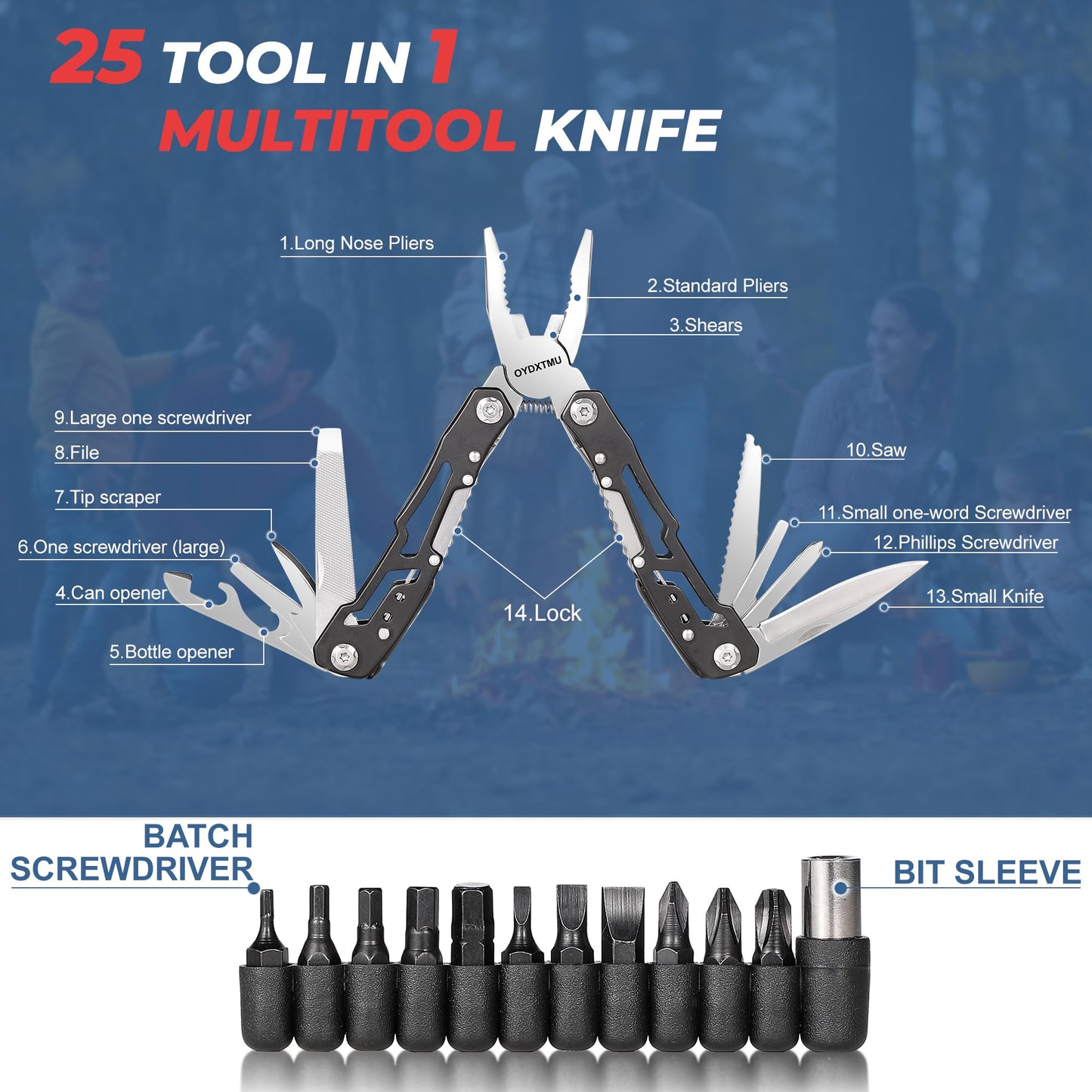 Outdoor 25-In-1 Mini Multitool plier,Portable EDC Gear with Safety Locking,Nylon Sheath,All-in-One Utility for Camping Hiking Survival,Birthday/Christmas Gifts for Dad Husband Boyfriend