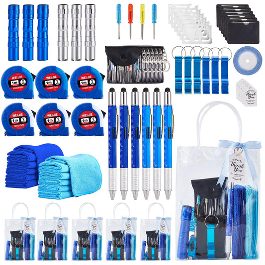 Wishfond 60PCS Baby Shower Prizes for Men 6 Set with Cleaning Cloth Bottle Opener Screwdriver Tape Measuring Keychain Multi Tool Pen Gift Bag Baby Shower Game Prizes for Winner Bachelor Party (Blue)