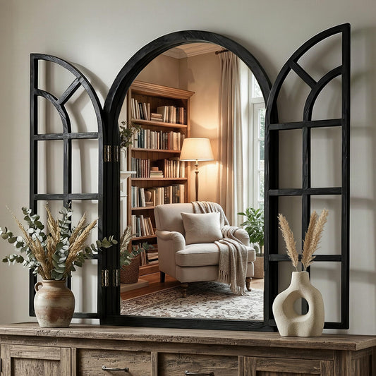 Arched Window Mirrors for Wall, Wooden Rustic Farmhouse Mirror for Wall Decor 24 x 36 Black, Decorative Wall Mirror Arch for Living Room, Bedroom, Bathroom, Fireplace, Farmhouse