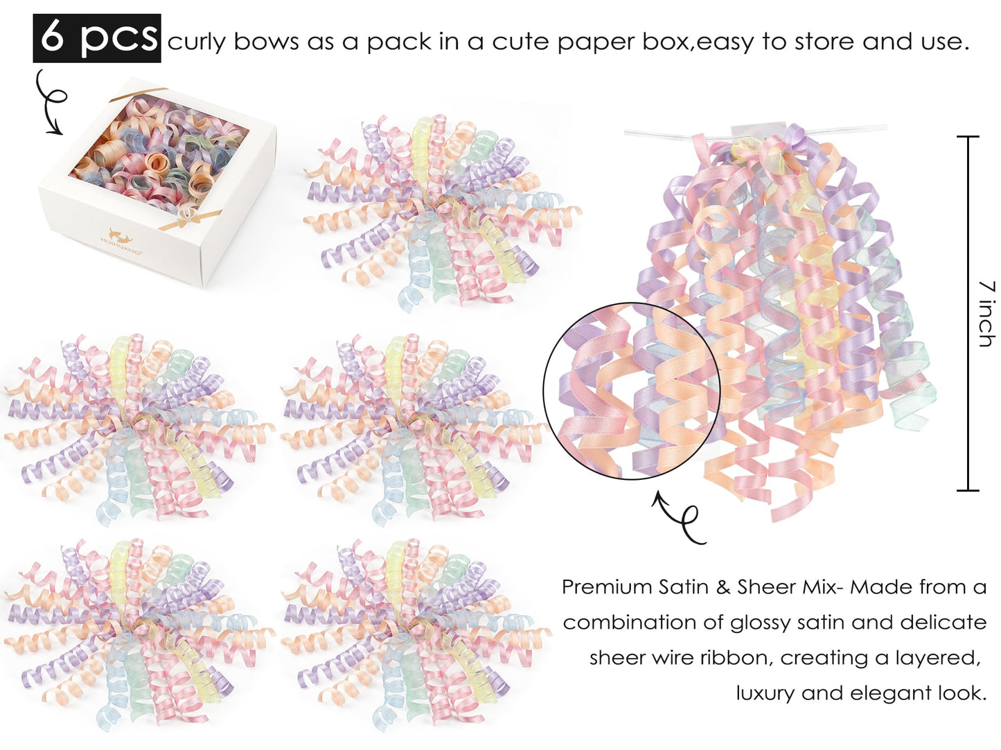 HUIHUANG Pastel Bows for Gift Wrapping 7" Pastel Rainbow Curly Gift Bow Self Adhesive & Twist Tie Ribbon Bows for Presents Gifts Easter Baskets Baby Shower Party Favors- 6 Counts