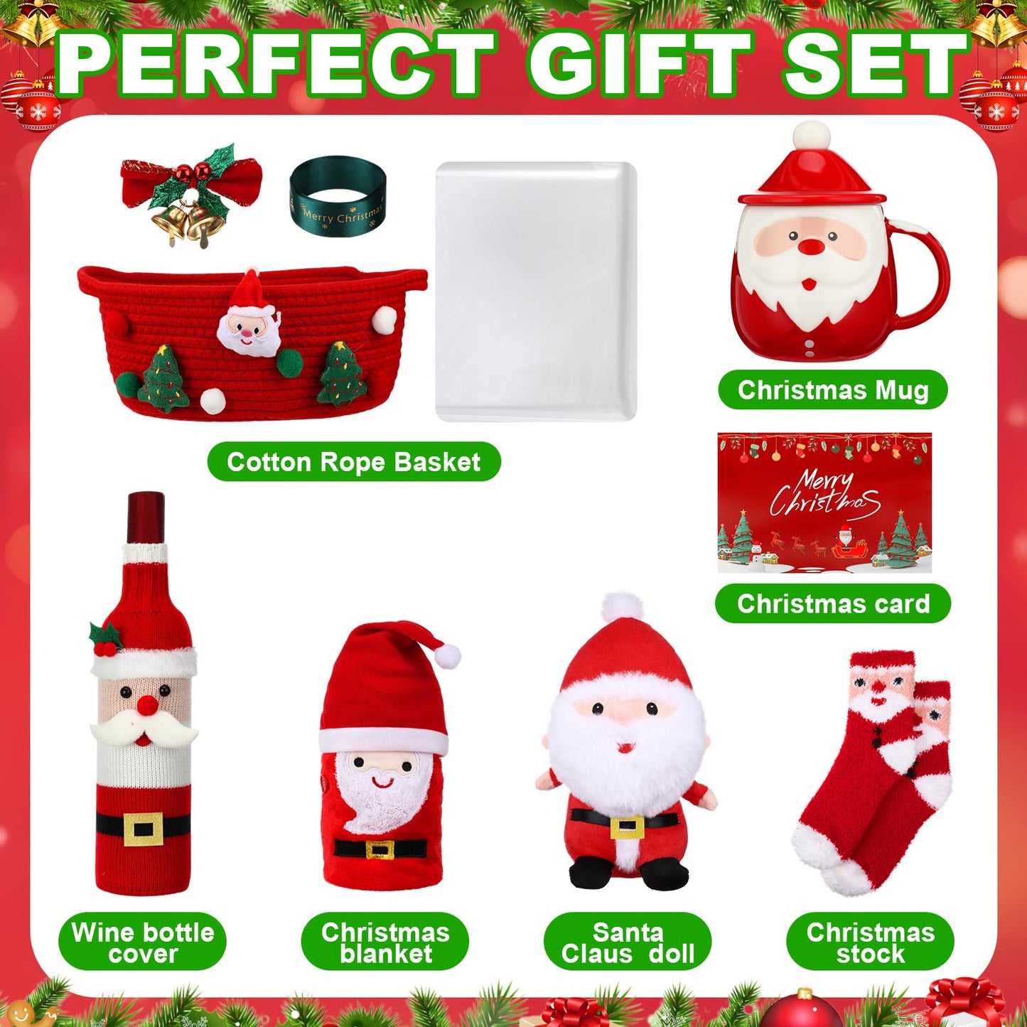 Ferrochef 7 Pcs Christmas Gifts Set for Women 2026 Christmas Gifts Basket with Santa Themed Mug Plush Doll Blanket Wine Bottle Cooler Holiday Card Merry Xmas Gift for Mom Coworker Friend Wife Sister