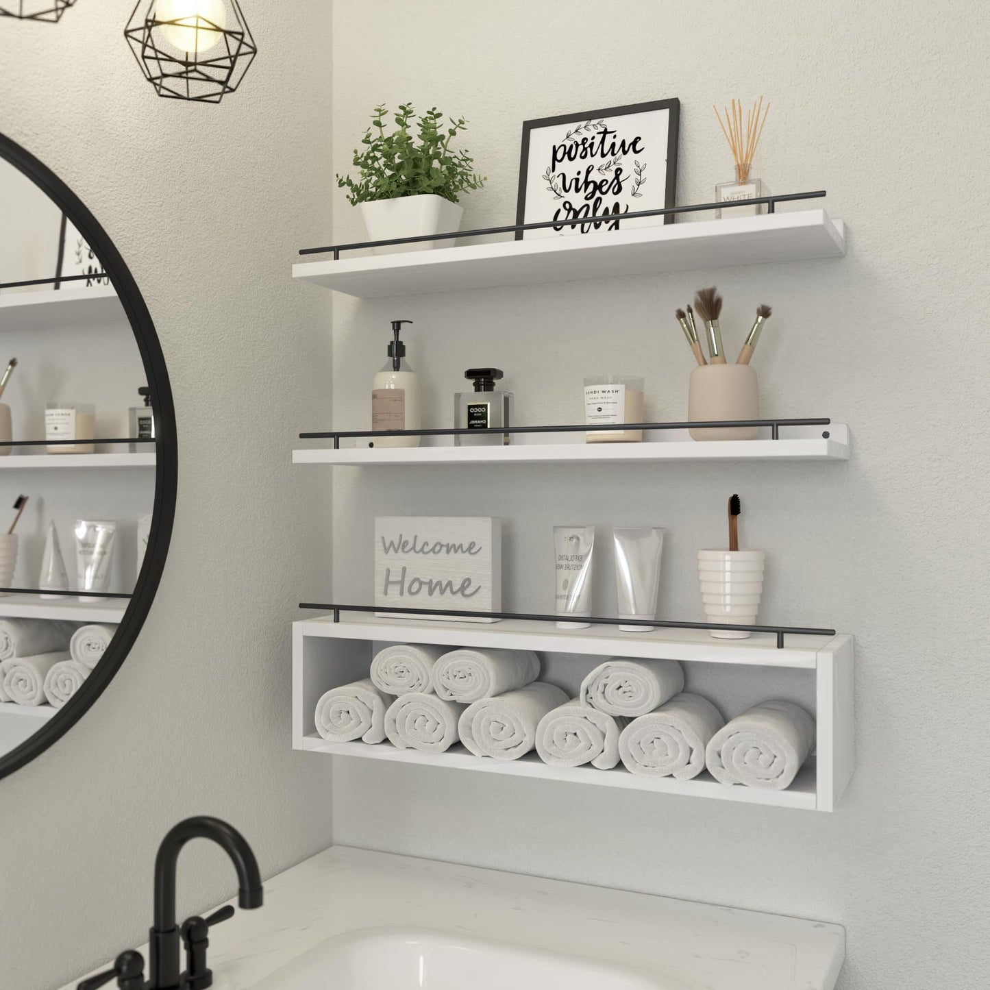 WOPITUES Floating Shelves for Wall 24 inch with Cube Shelf, Wall Shelves with Metal Rail for Bathroom Decor, Bathroom Organizers and Storage, Over Toilet Shelves, Toilet Paper-White