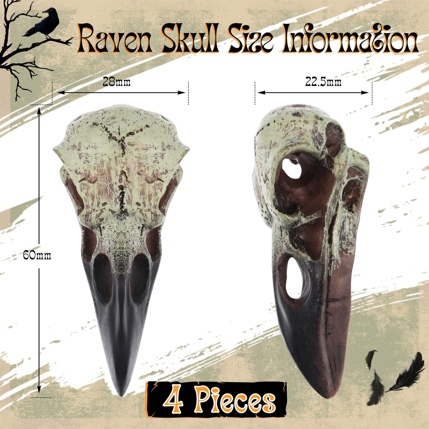 Geetery Goth Raven Skull Figurine Gothic Home Decor Obsidian Crow Hanging Sculpture Resin Animal Skull Statue Halloween Occult Ornament for Faux Bird Bone Jewelry Necklace Decor Gift(4 Pcs,2.36 Inch)