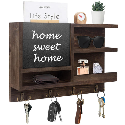 WEWEOW Key Holder for Wall, Mail Organizer Wall Mount with Key Hooks and Chalkboard & Mirror for Sunglasses Storage and Dog Leash Hanger, Decorative with 4 Double Hooks
