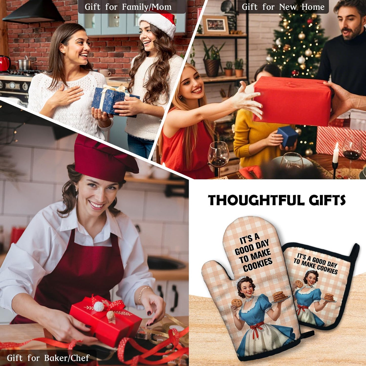 ZHANTUONE It's A Good Day to Make Cookies Funny Heat Resistant Oven Mitts and Pot Holders Set with Silicone Non-Slip, Vintage Lady Cookie Lovers Baking Gadgets, Gifts for Bake Lover Hostess Mom Wife