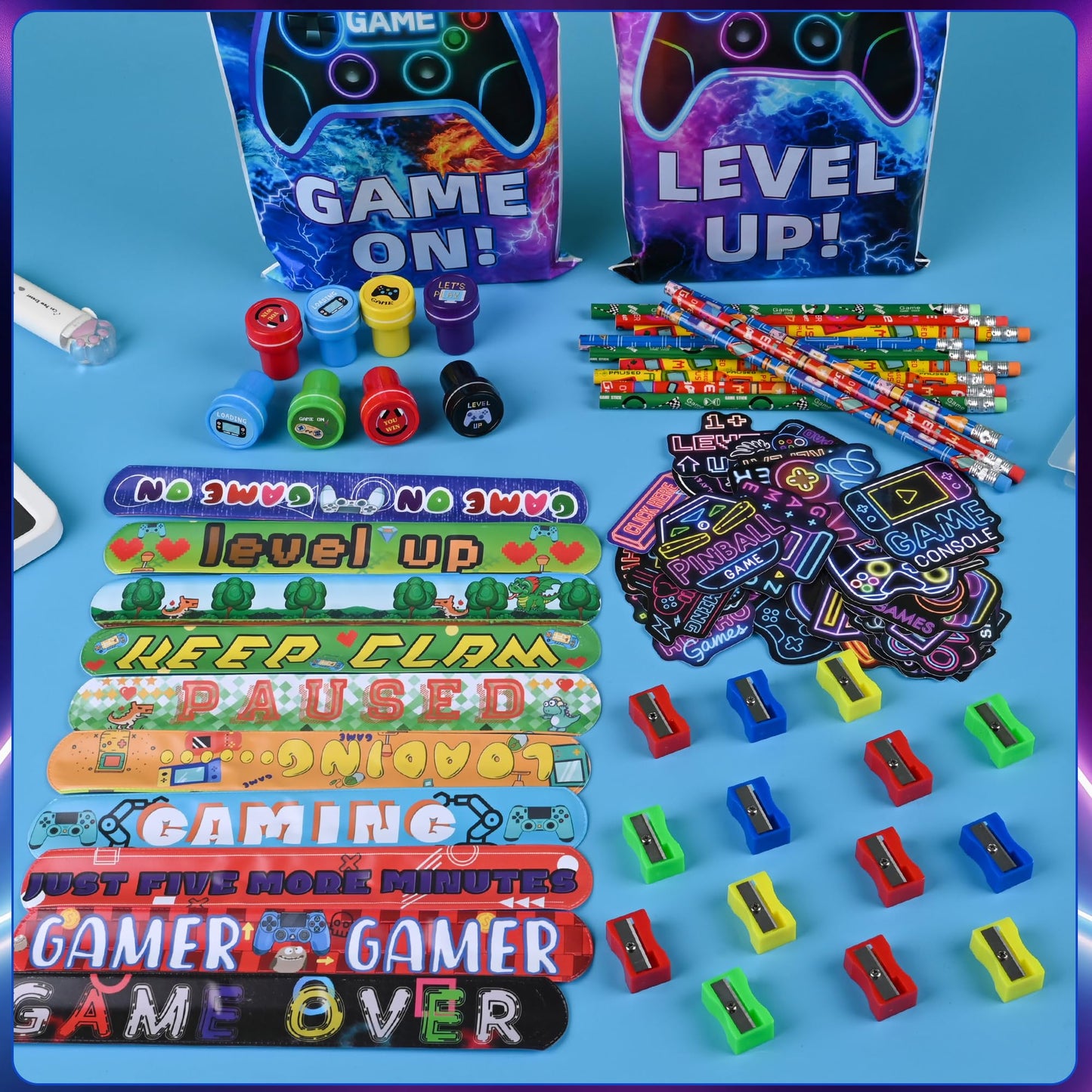 Ulema 218 Pcs Video Game Party Favors With Video Game Pencils Pencil Sharpener Slap Bracelets Stickers and Erasers for Video Game Gamer Birthday Party Supplies