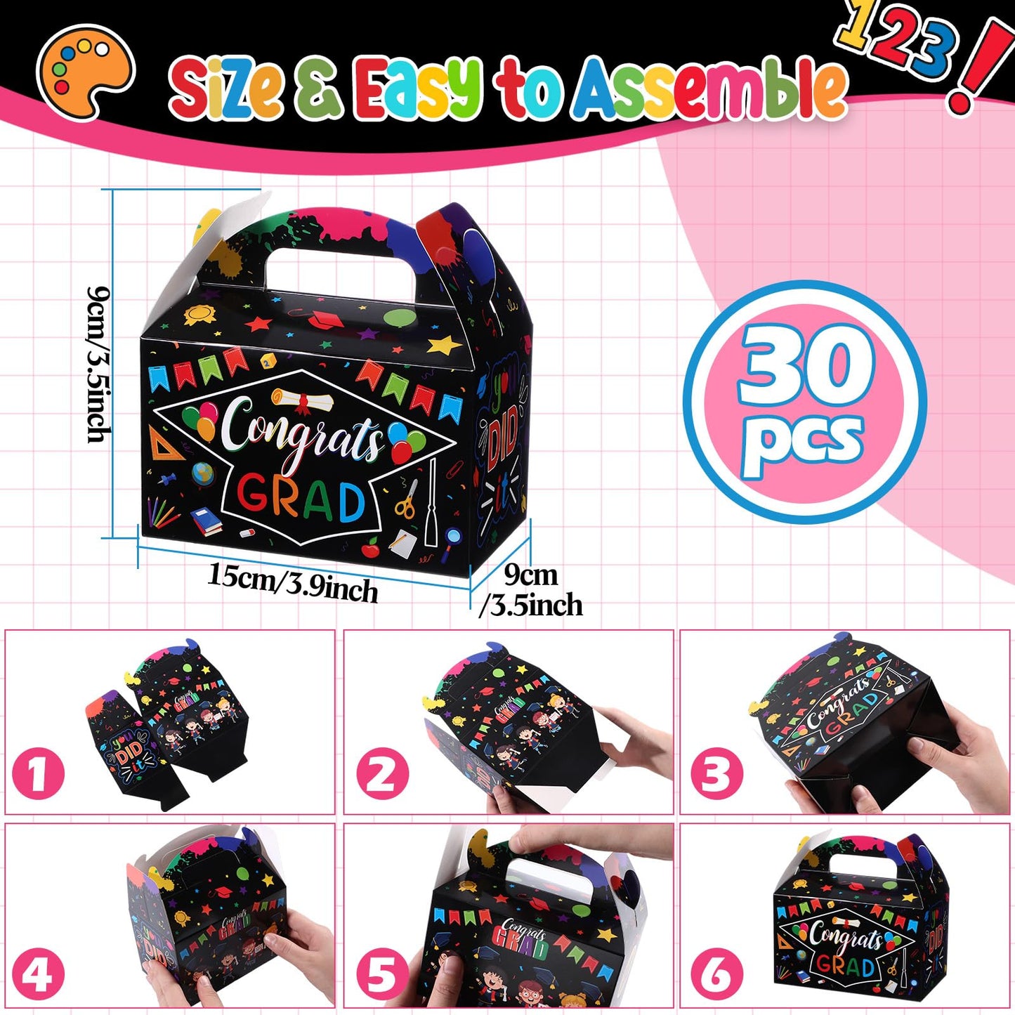 Tenceur 30 Pack Preschool Kindergarten Graduation Treat Boxes 2026 Congrats Grad Kindergarten Candy Goodie Cardboard Boxes with Handle for Kids Graduation Party Favors Gifts Bag