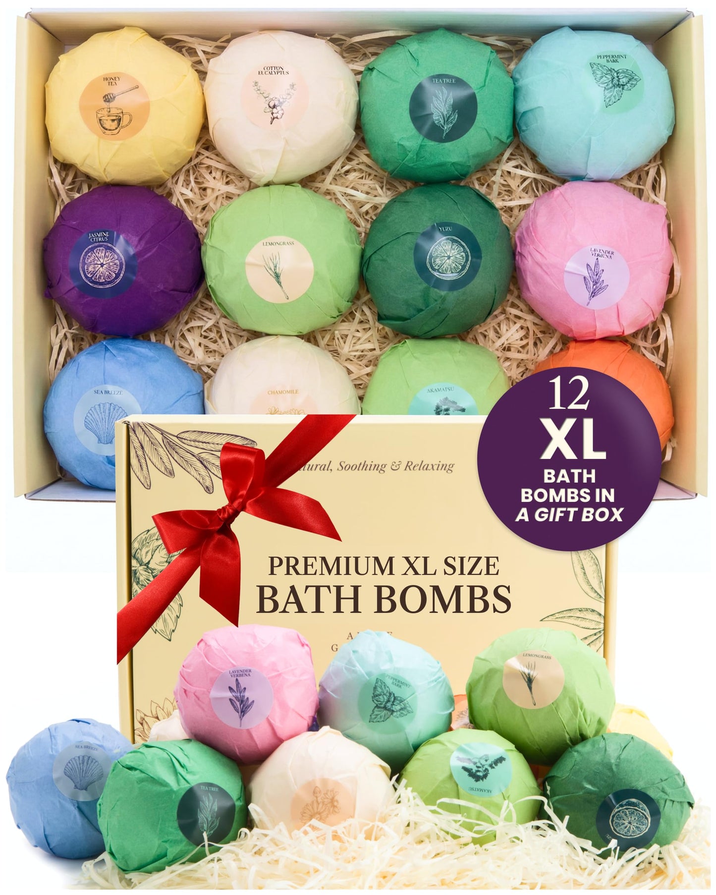 ADELEGOURDAIN Bath Bombs Set XL, Pack of 12 Pcs Gift Set for Women - 5.29oz Bath Bombs for a Soft Skin Feel, Spa Gift Set for Birthday, Girlfriend or Mothers Day, Gift Box Idea for Her, 150 gr Each