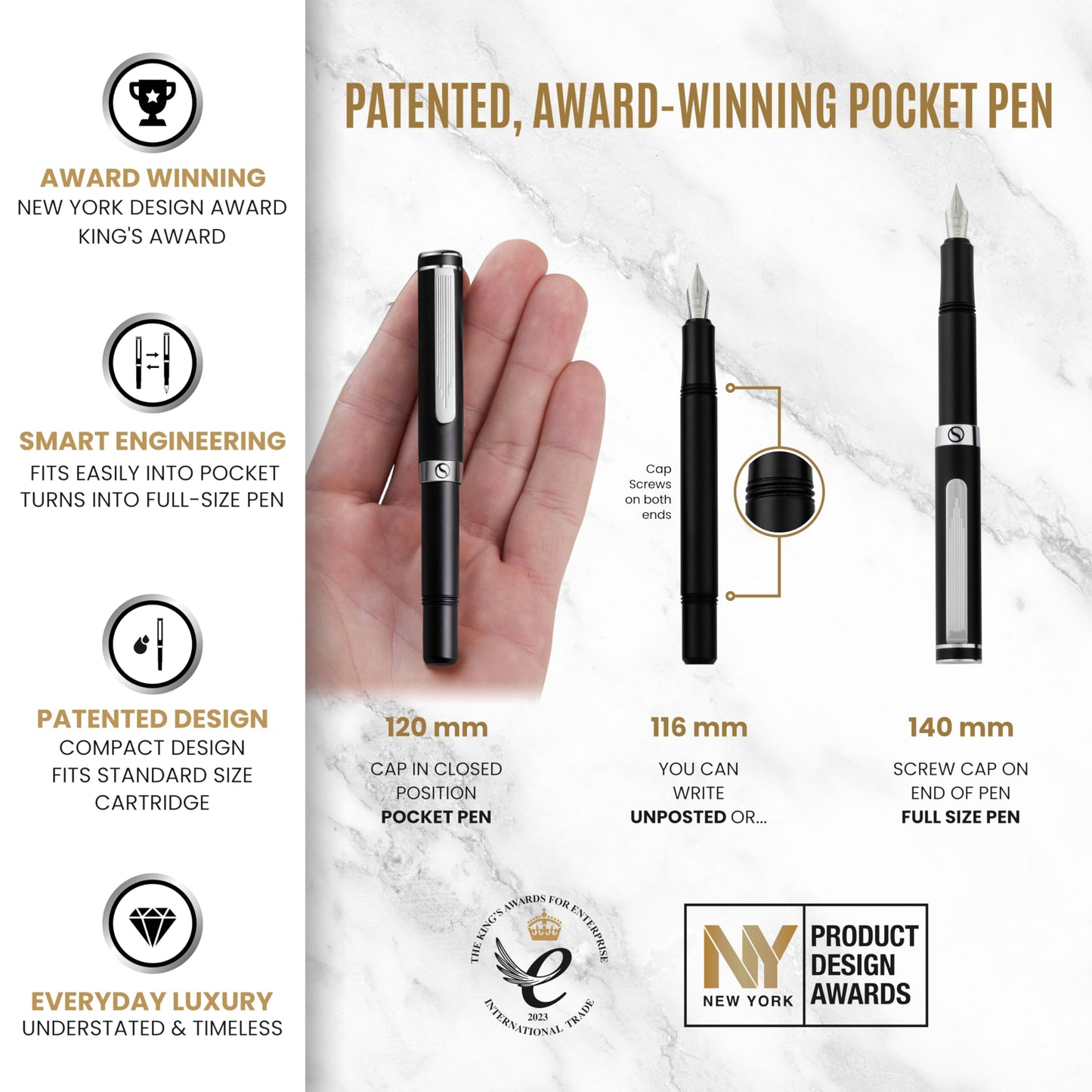 Scriveiner Luxury EDC Fountain Pen (Fine), Stunning Matt Black Pocket Pen, Chrome Finish, Schmidt German Nib, Converter, Best Writing Pen Gift Set for Men & Women, Nice Fancy Office Designer Pen