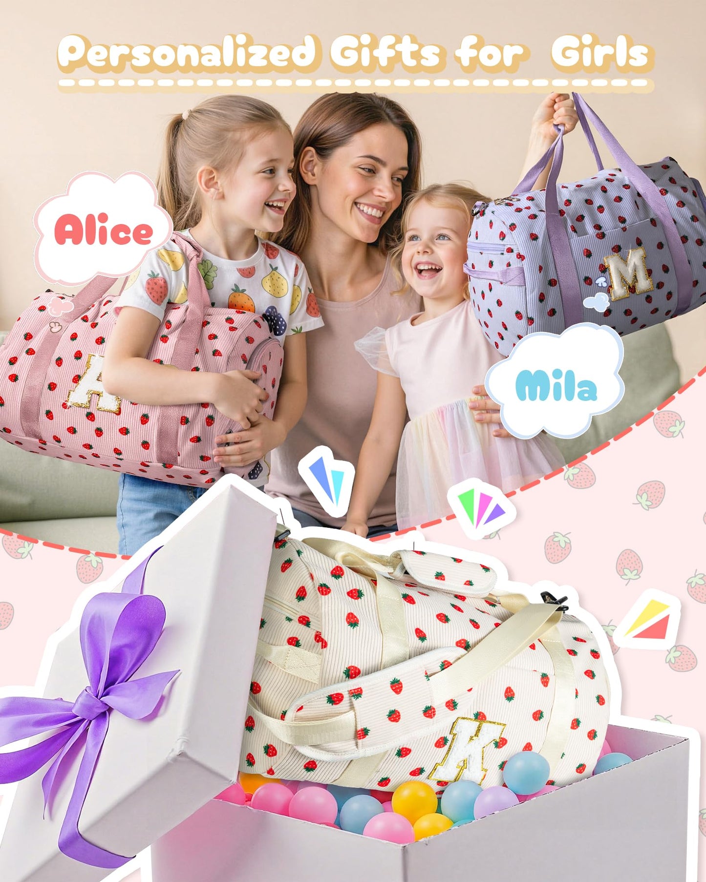 Vogewood Holiday Gift Set, Girls Gym Bag, Kids Personalized Weekend Duffel Bags with Shoe Compartment, Initial Travel Tote with Makeup Bag, 4 5 6 7 8 9 10 Year Old Girl Birthday Gift (Letter S)