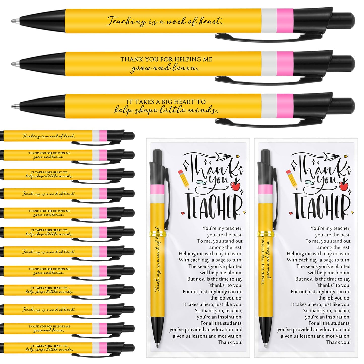 Sayglossy Teacher Appreciation Gifts Bulk Thank You Teacher Ballpoint Pens Cards and Bags Ties Small Inspirational End of School Gifts for Graduation Classroom Supplies(12 Sets)