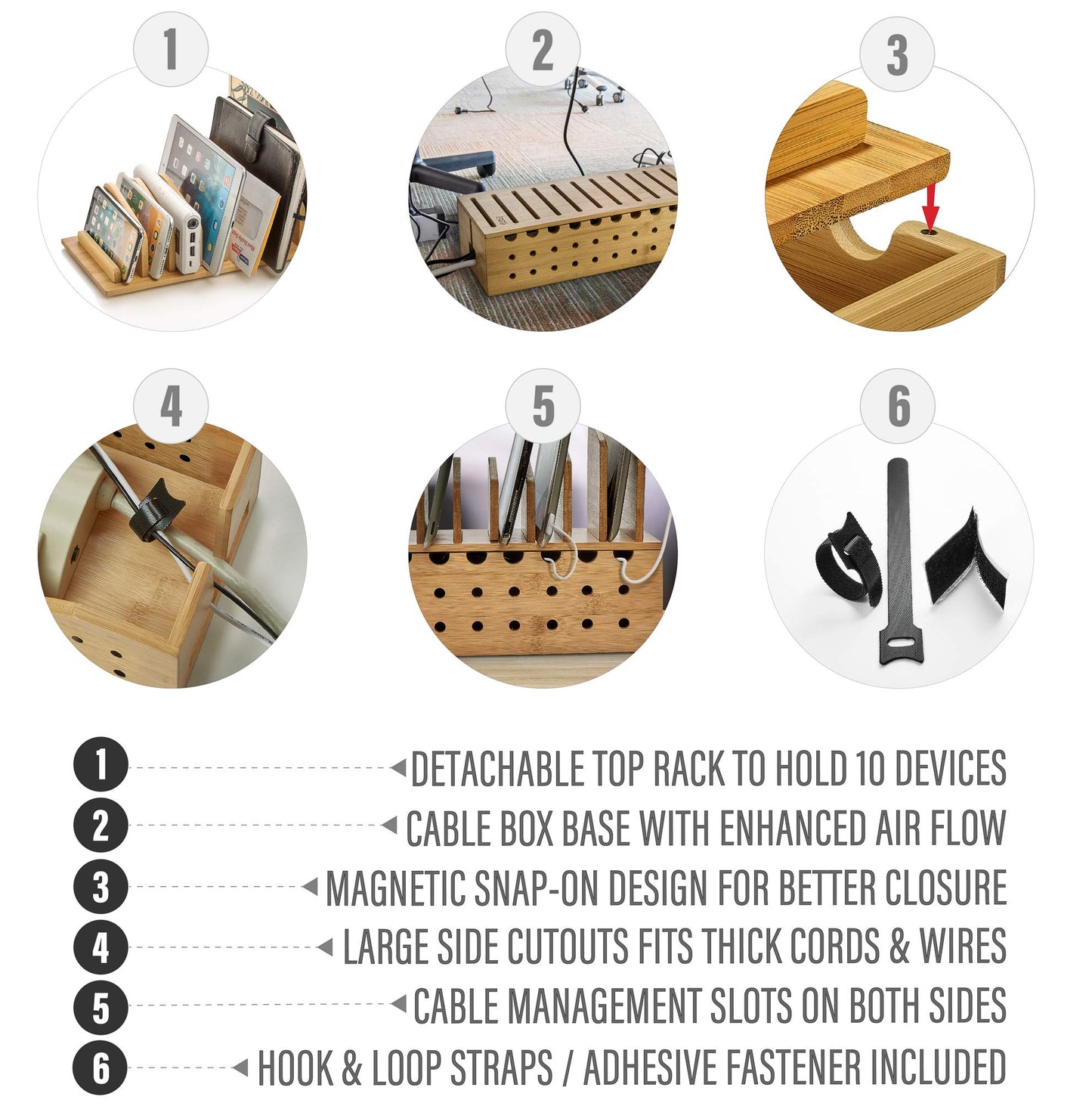 Prosumer's Choice Multi Device Charging Station - Bamboo Charging Dock and Cord Organizer for 10 Devices - Bamboo Desk Organizer Rack with Cable Box for Power Strip Storage, Phones and Tablets