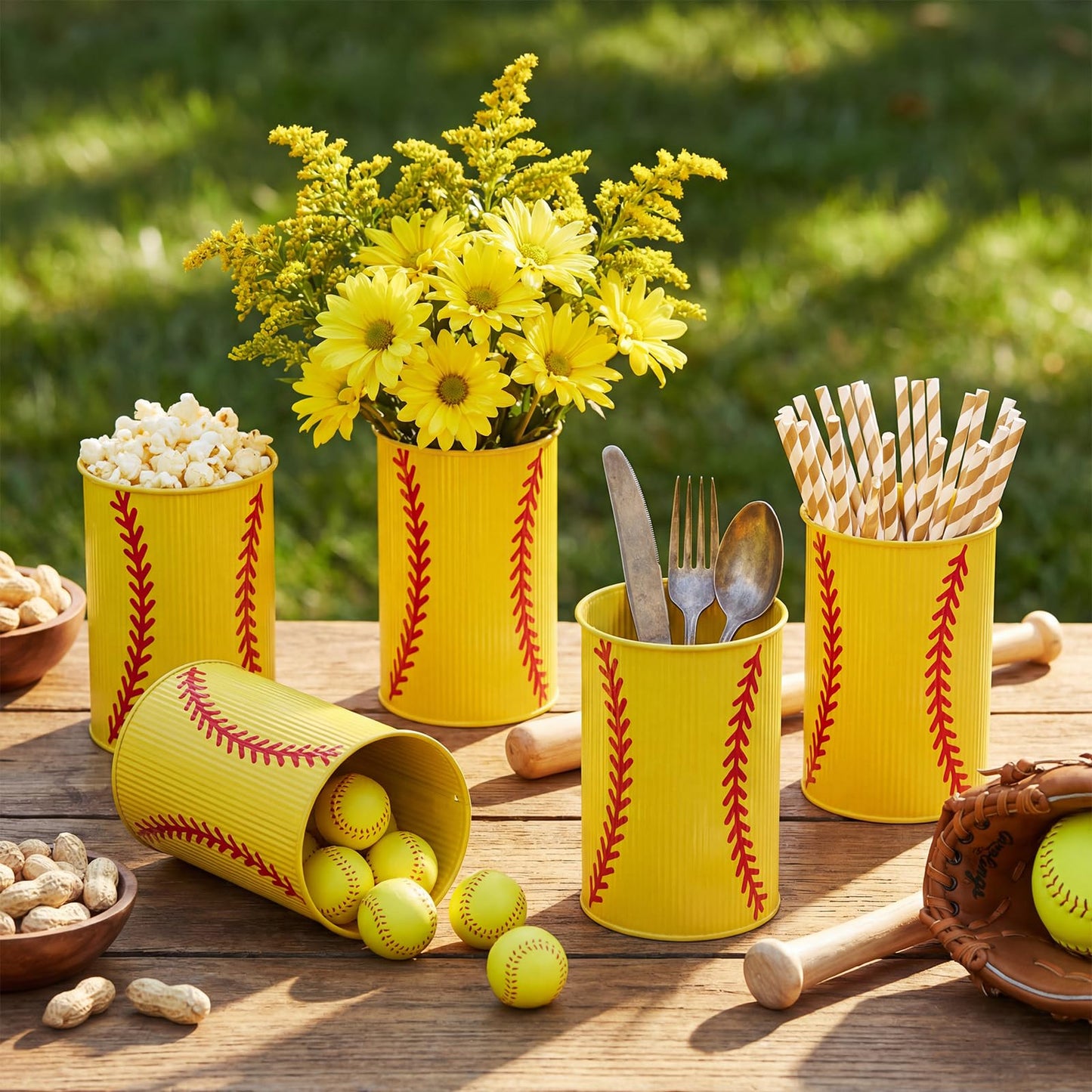 Teecyhooo 6 Pcs Softball Centerpieces for Table Decor Softball Vase Galvanized Metal Buckets Sports Themed Party Decorations Team Gifts for Artificial Flowers Pen Holder Utensil Kitchen Home