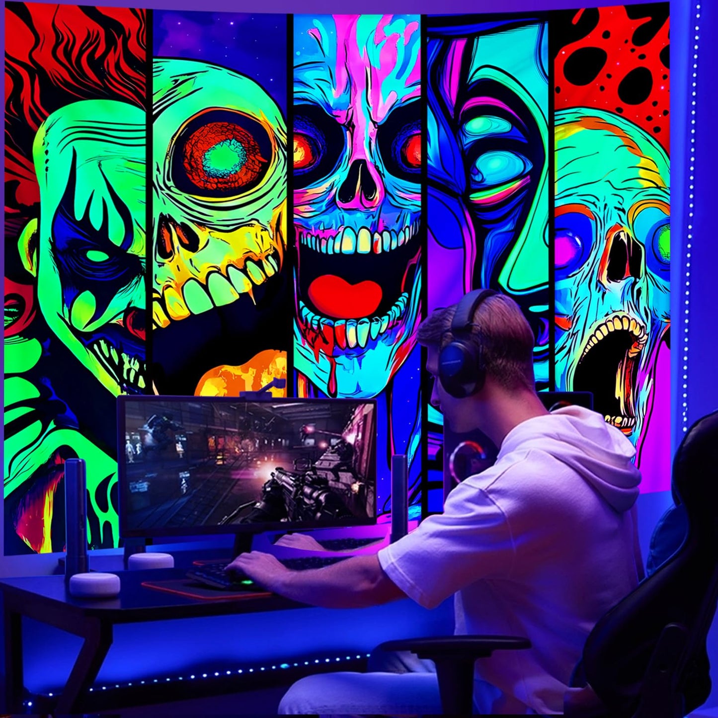 Apdidl Blacklight Halloween Horror Decor Tapestry for Bedroom, Black Light Posters Skull Face Scary Skeleton Funny Wall Art Tapestries，UV Reactive Glow in The Dark Party Wall Hanging for Living Room 51"X60"
