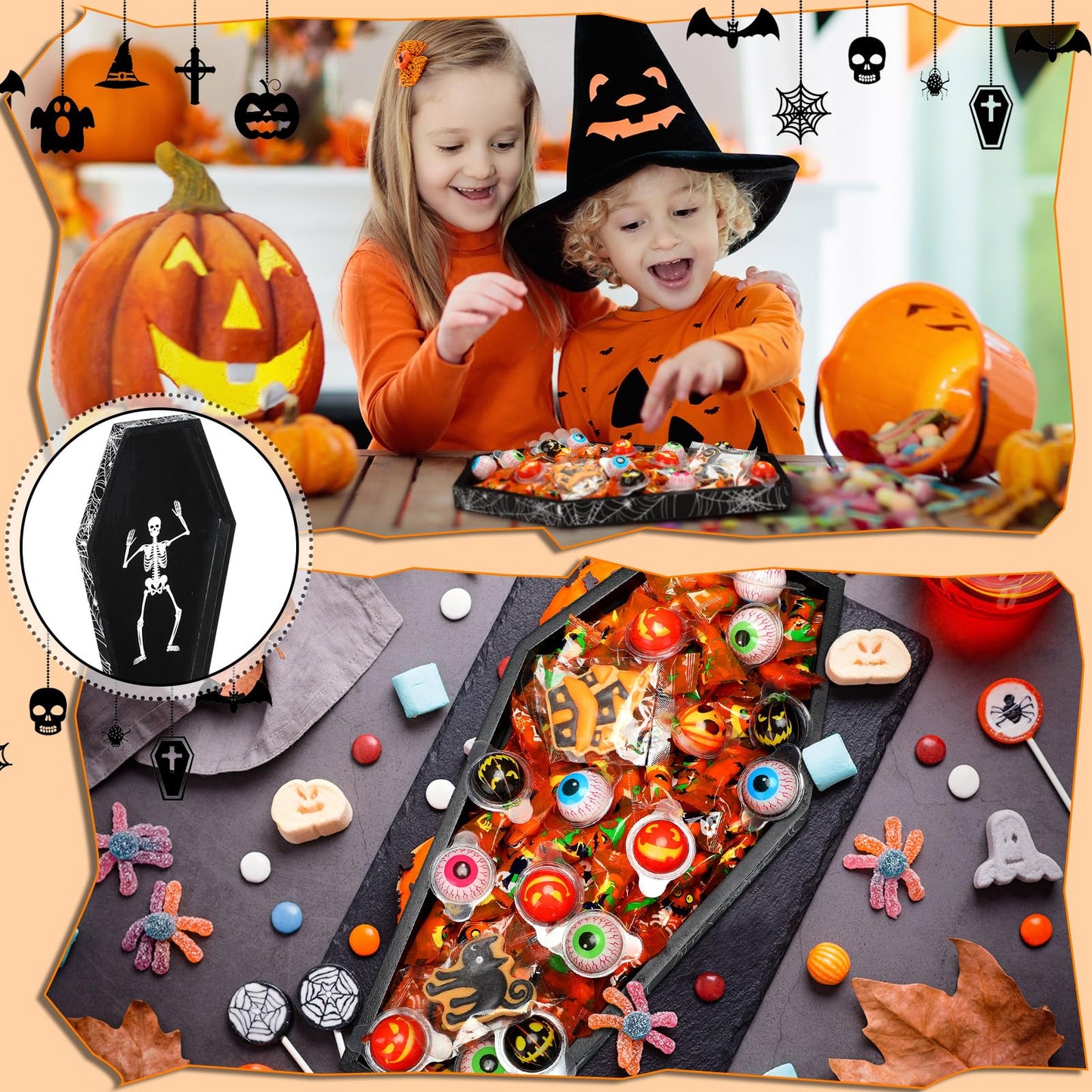 Teenyyou 15.7 x 7.8 Inch Halloween Coffin Charcuterie Boards with Skeleton Spider Web Decor Black Wood Coffin Serving Trays and Platters Halloween Candy Bowl Gothic Serving Box for Party Supplies