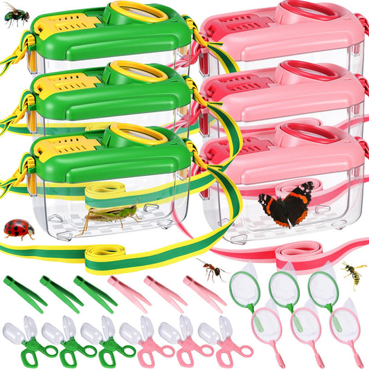 Halloscume 6 Sets Bug Catcher for Kids Students Insect Catching Kit Collector Bug Box with House, Butterfly Net, Tweezer, Cage Habitats Container Collection Explorer Gift (Pink,Green)