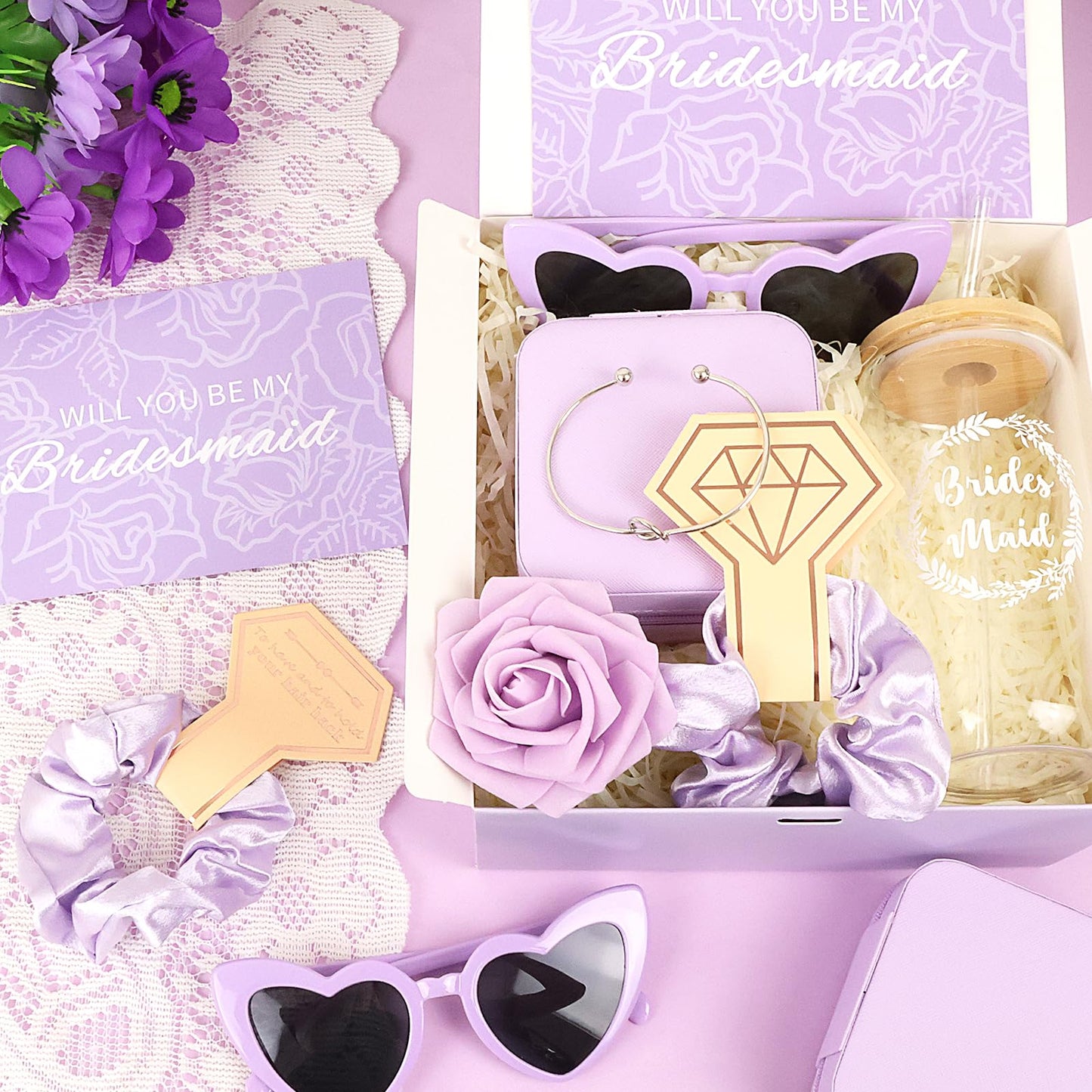 HOMENERGY Bridesmaid Proposal Gifts Set 6 - Will You Be My Bridesmaid Kit with Elegant Box Jewelry Box Glass Cup Invited Cards Knotted Bracelets Sunglasses Scrunchies Raffia Grass (Purple, 54 Pcs