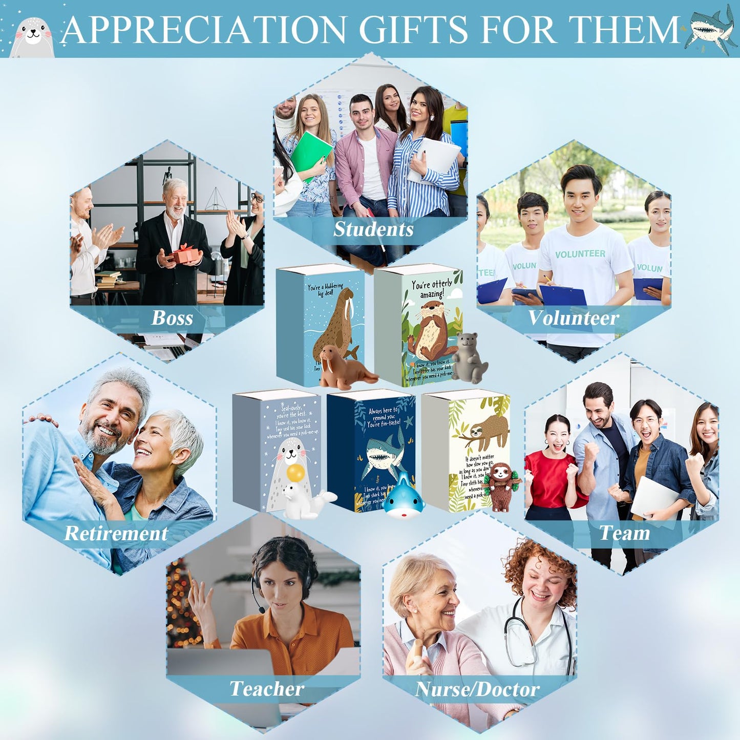 Cinnvoice 50 Set Bulk Gifts for Mothers Day Teacher Appreciation Gifts Nurse Week Employee Coworker Graduation Emotional Support Cute Resin Mini Ornaments Desk Pets Thank You Card Box (Sloth)