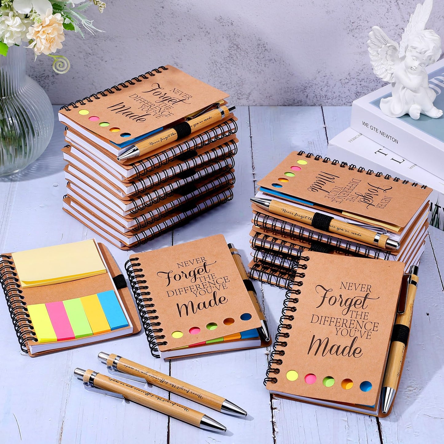 Czlotyh 20 Sets Employee Appreciation Gifts Encouragement Inspirational Spiral Notebooks with Sticky Notes Notepads Thank You Bamboo Ballpoint Pens for Nurse Coworker Teacher (NEVER FORGET)