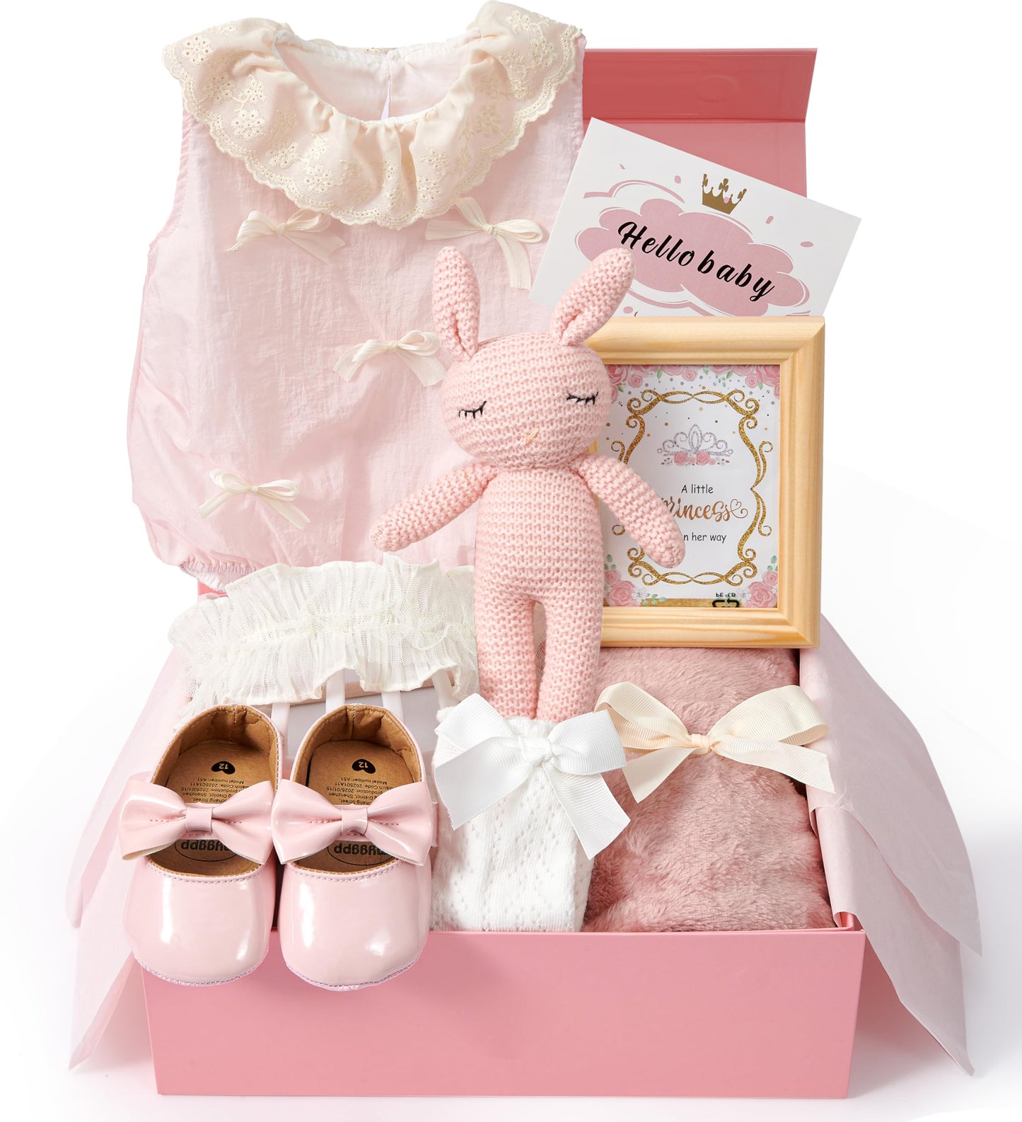 Golray Newborn Baby Girl Gifts New Born Cloths Baby Shower Gift with Bodysuit Cloth Soft Shoes/Socks/Blanket/Headband/Crochet Rabbit Toy/Greeting Card, New Born Essentials Baby Girl Gift Basket Stuff