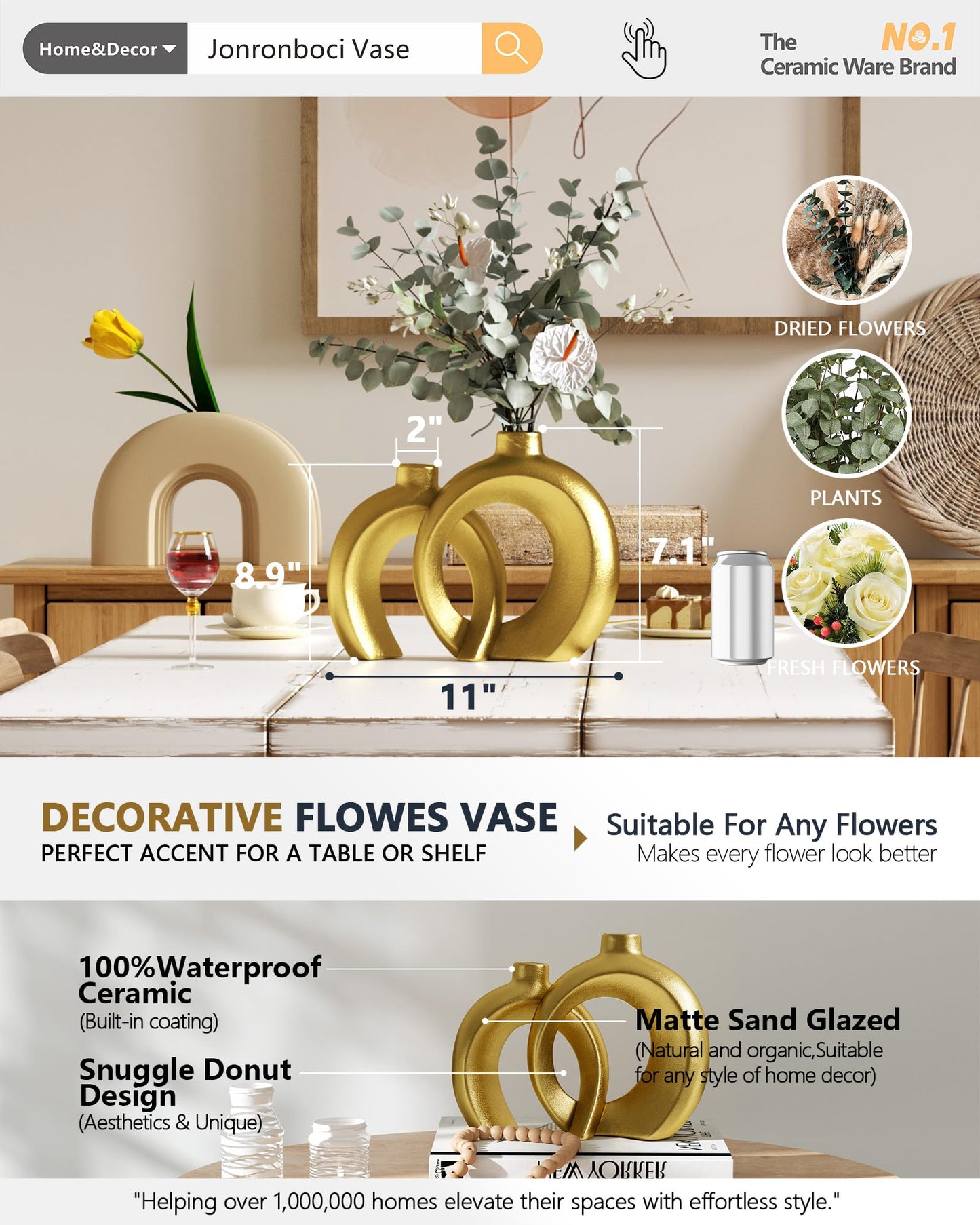 Set of 2 Gold Ceramic Vases for Home Decor Accents - Unique Hollow Donut Artistic Design Modern Art Deco Luxury Style Decorative Vases for Shelf, Mantel, Entryway Table Decor (Matte Gold)
