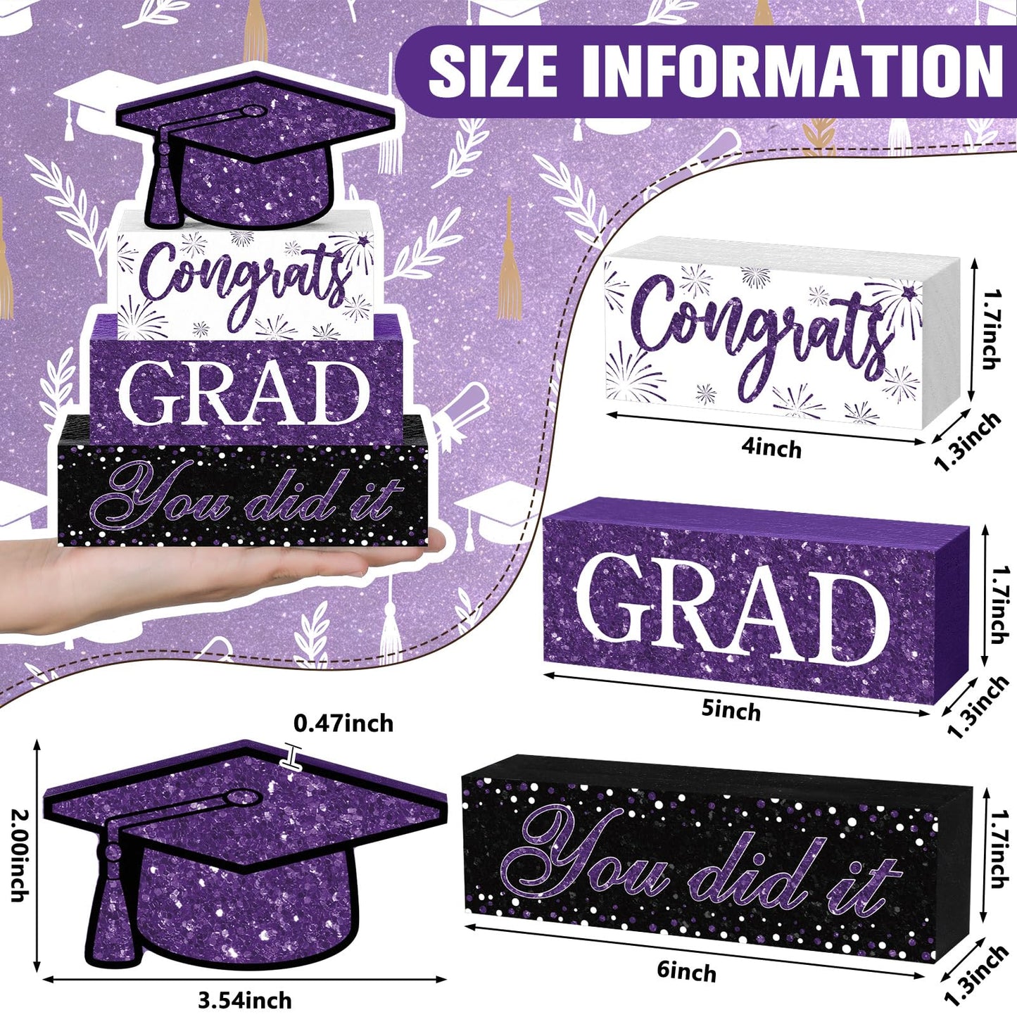 Cinnvoice 4 Pcs Graduation Table Decor 2026 Congrats Grad Centerpiece Class of 2026 Wood Sign Graduation Tiered Tray Decor Farmhouse Congratulate Gifts for Home Shelf Party Decorations(Purple)