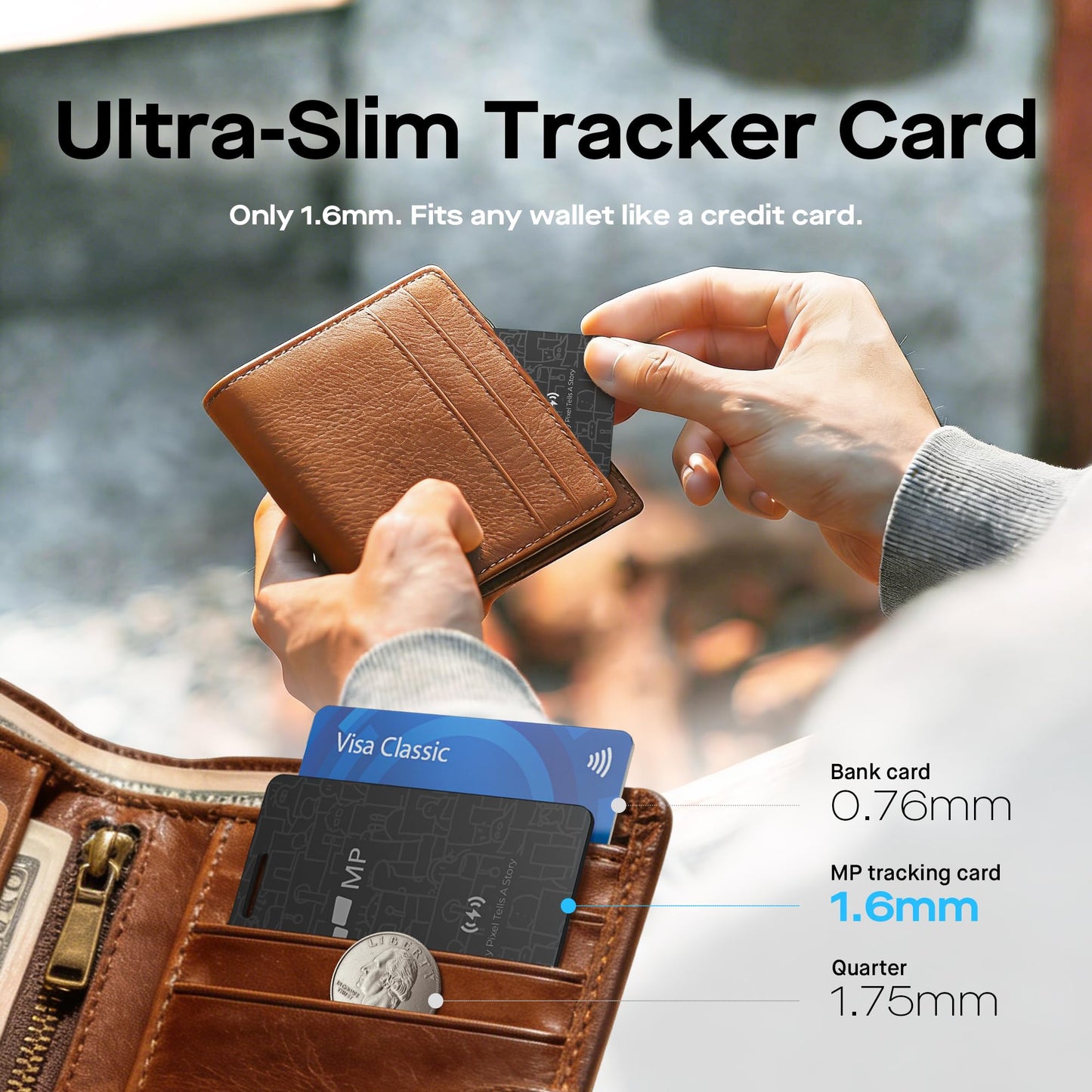 2026 Mobile Pixels Wallet Tracker Card, Works with (iOS and Android), Ultra Slim Rechargeable Bluetooth Tracker, Tracker Key Finder, Portable Item Locator for Wallet, Bags, Luggage (1- Pack)