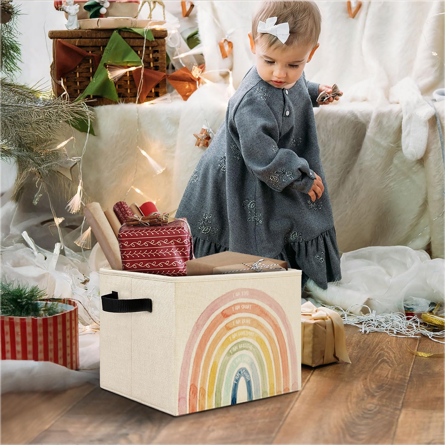Elefeltclave Inspirational Boho Kids Storage Bins, Positive Affirmation Rainbow Collapsible Storage Basket Organizer for Kids Room Nursery Bathroom Clothes Toys Books, Toybox for Boys Girls
