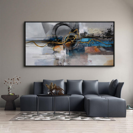 XLSJERST Large Abstract Frame Wall Art - Black and Blue Cnavas Framed Artwork for Walls Modern Minimalist Boho Gray Pictures Wall Decor for Living Room Bedroom Office Home Decoration 58x29 Inches