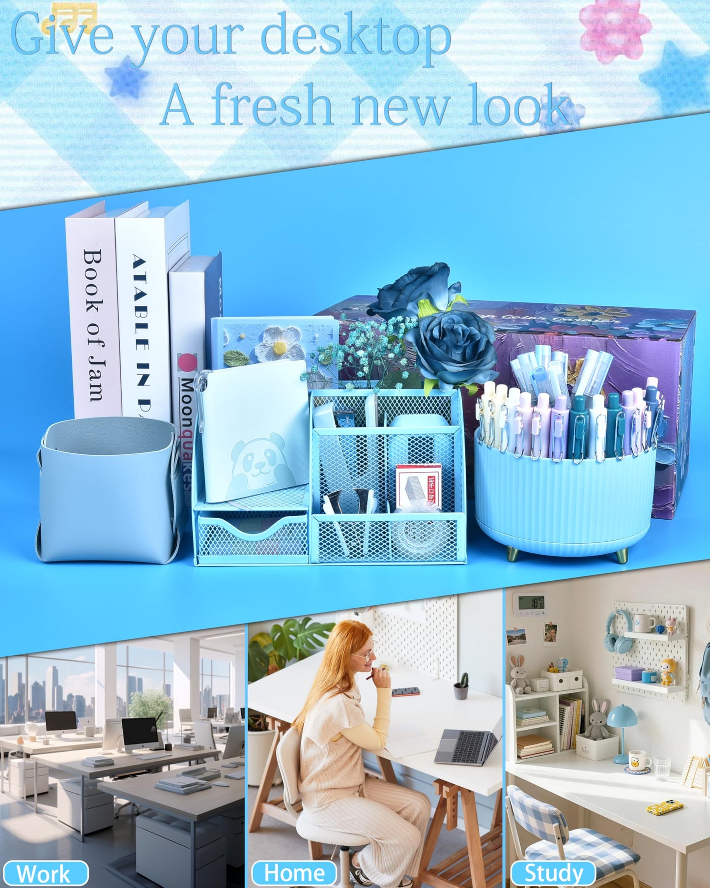 Vamrak Blue Desk Accessories and Organizers with Desk Organizer and 360°Rotating Pen Holder stapler Pen and a Lot of Office Blue Office Supplies Beautifully Presented in a Gift Box