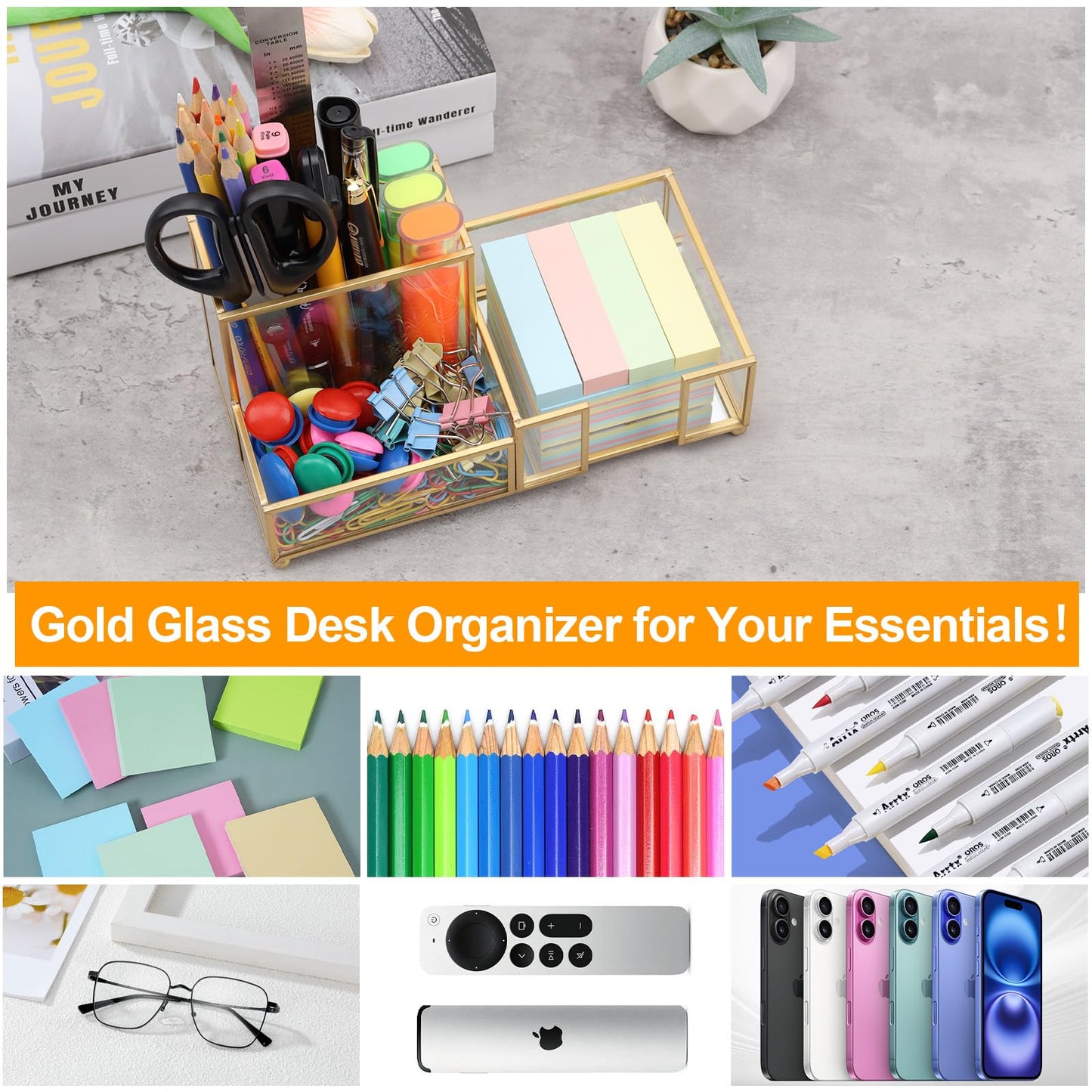 Shonmogar Desk Organizer with 3-Compartments,Glass Small Desk Organizer for Pens Pencils Business Cards Sticky Notes Paper Clips,Gold Stylish Pen Holder for Desk Home Office Decor