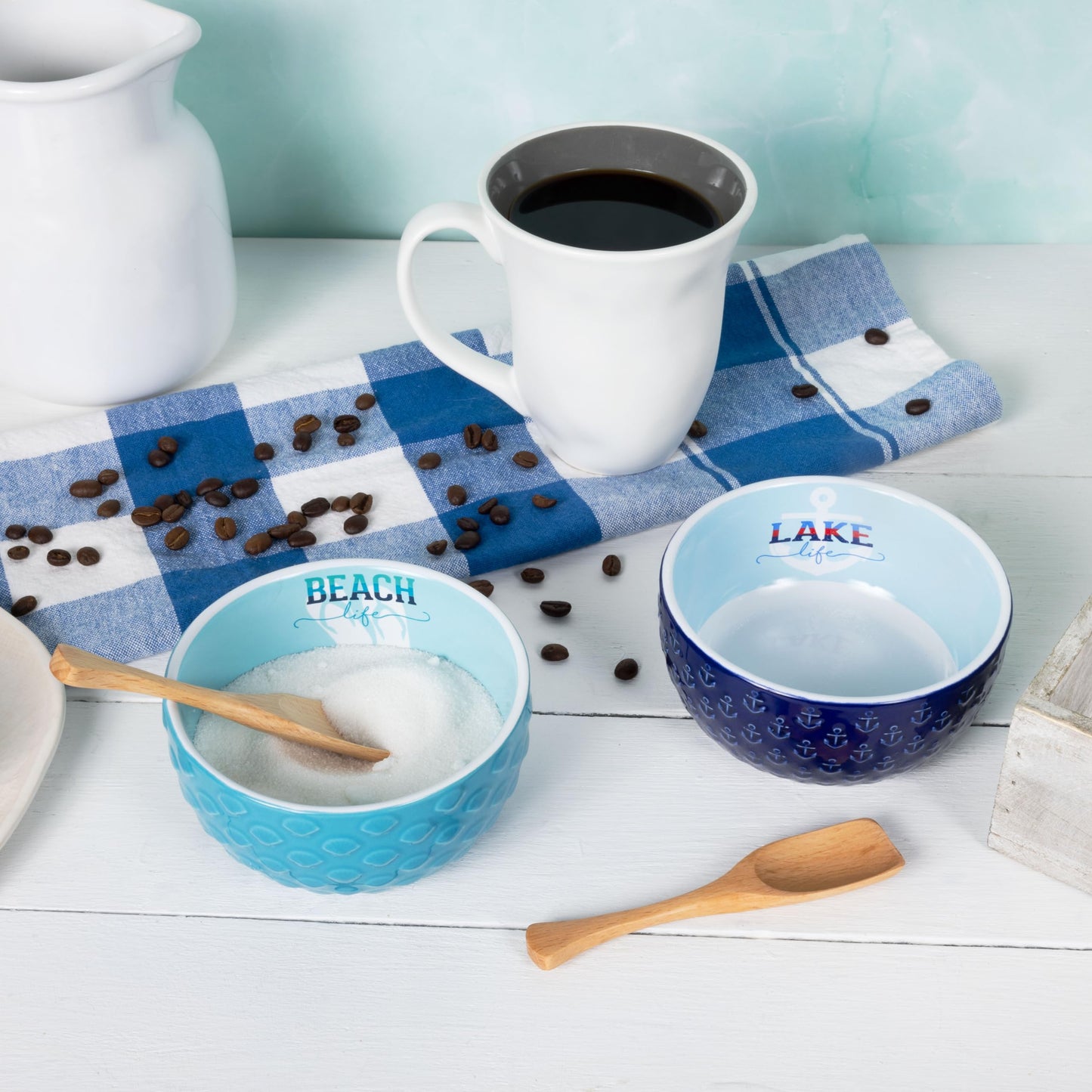Pavilion Gift Company - Beach Life - 11oz 4.5" Bowl and Beech Spoon Set - Ocean Coastal Waterfront Nautical Stoneware Home Decor Housewarming Summer Kitchenware Serveware