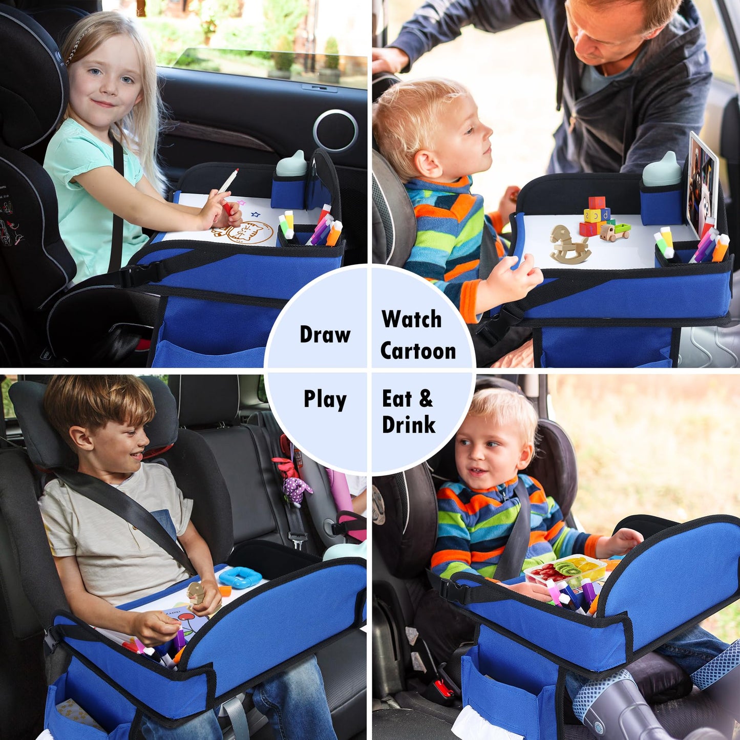 WENRENER Kids Travel Tray for Car Seat, Toddler Road Trip Essentials With Drawing Kit, Travel Activities Must Haves (Navy Blue-2PCS)