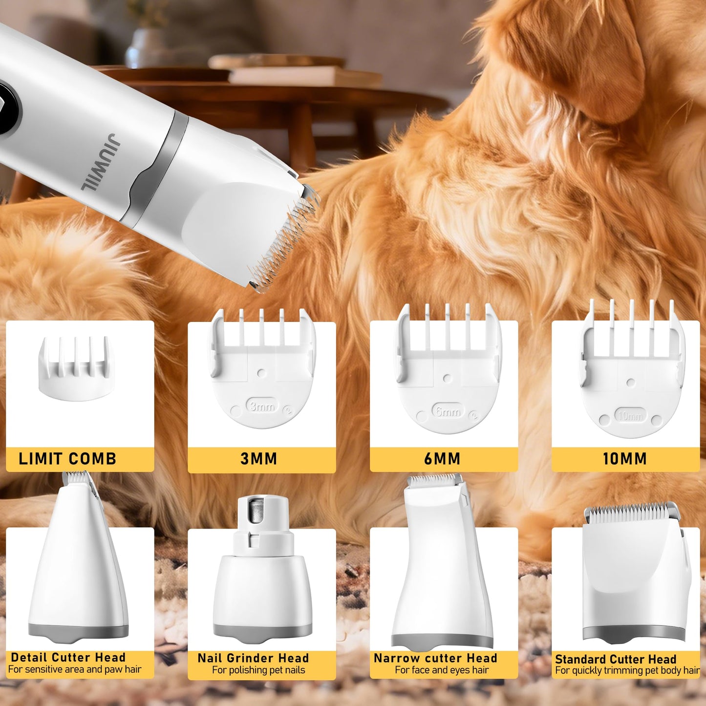 JIUWIIL Dog Clippers for Grooming, 4 in 1 Dog Grooming Kit Hair Clipper with LCD Display, Dog Trimmer for Grooming, Dog Hair Trimmer for Paw Nail Grinder,Shaver Grooming Supplies for Pet Cats Dogs