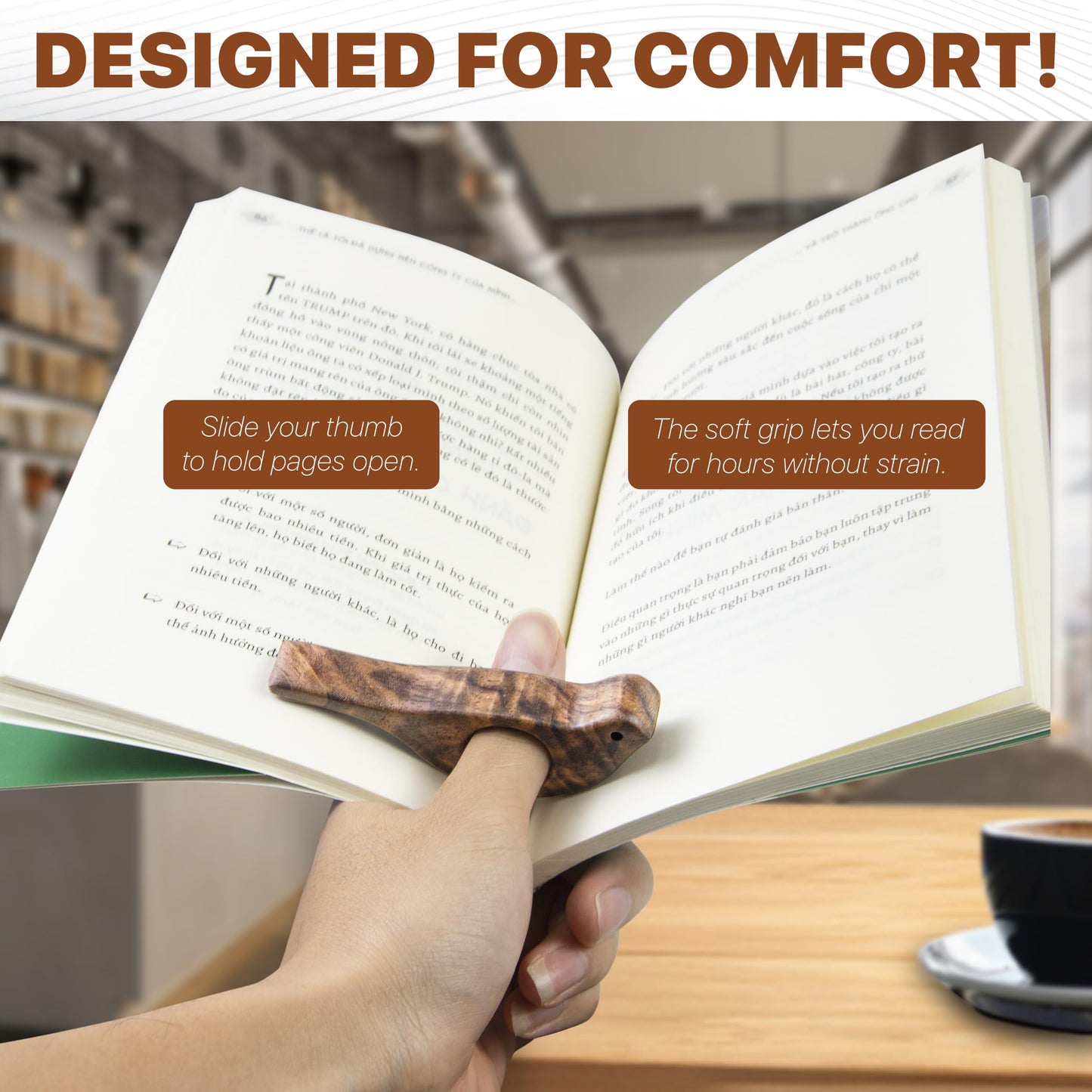 Walnut Bird Book Page Holder, Smooth Finish Wood Book Holder for Reading, Ideal Book Reader Gifts, Book Worm Gifts for Women, Thumb Book Page Holder - For Book Lovers & Literary Gifts (Large)