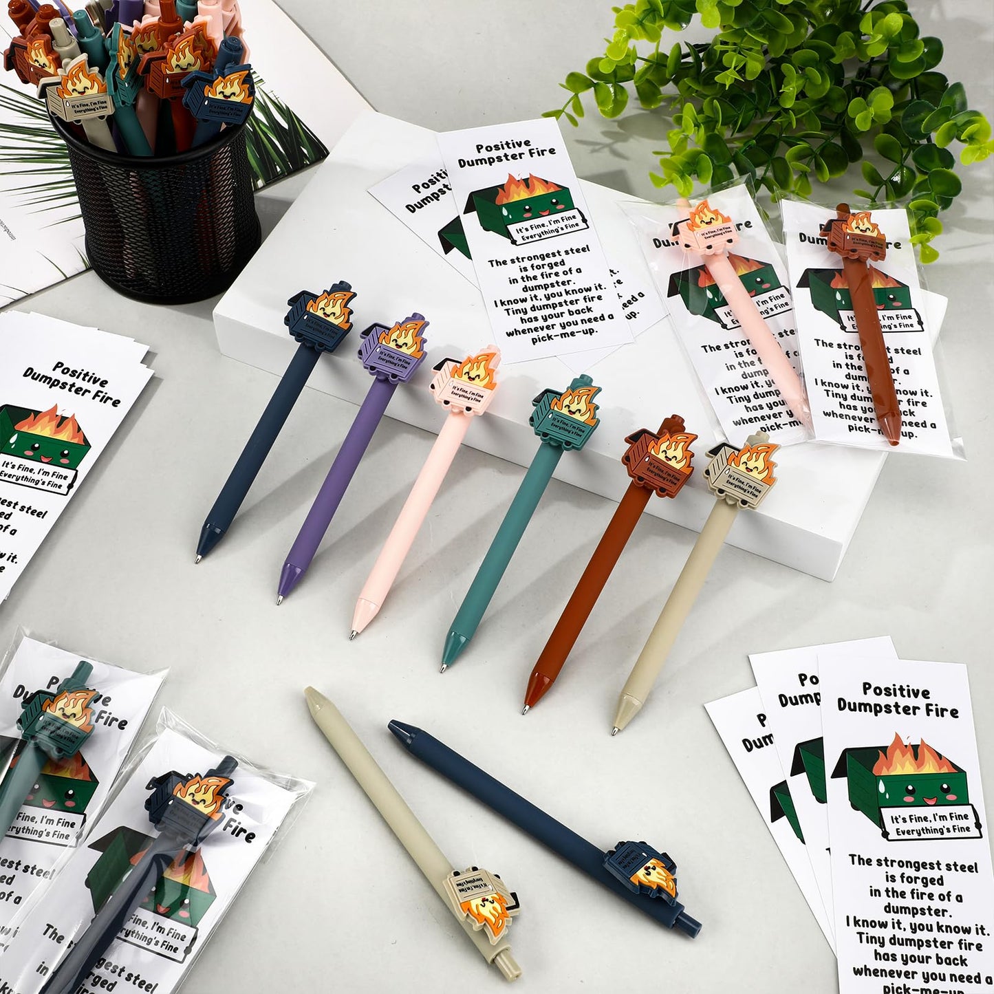 Sayglossy 60 Sets Dumpster Fire Gifts Funny Teacher Appreciation Gifts Dumpster Fire Ballpoint Pens and Emotional Support Bookmark Bulk for Volunteer Coworker Employee Office Desk Accessories