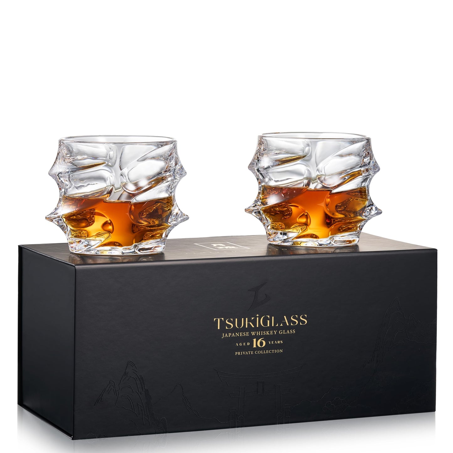 TSUKIGLASS Storm Japanese Crystal Whisky Glasses – 100% Ultra Clarity Lead-Free Crystal – Set of 2 Premium 10oz Old Fashioned Tumblers for Bourbon, Scotch & Cocktails (Small, 2, Count)