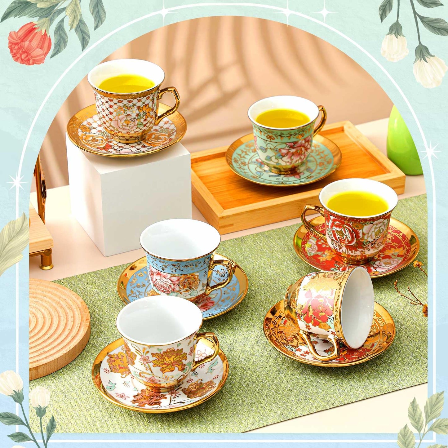Teenyyou Set of 12 Tea Cups and Saucers Tea Party Decorations Floral Porcelain 7.4 oz British Gift for Women Birthday Party, Church, and Mother's Day (Stylish Style)