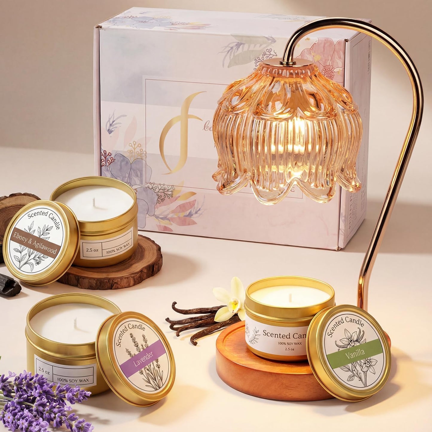 Funistree Candle Warmer Lamp Gift Set with 3 Jar Candles & Gift Box, Gifts for Women Mothers Day Birthday, Mom Sister Friend Gift, Lavender, Vanilla, Ebony, 2 Bulbs