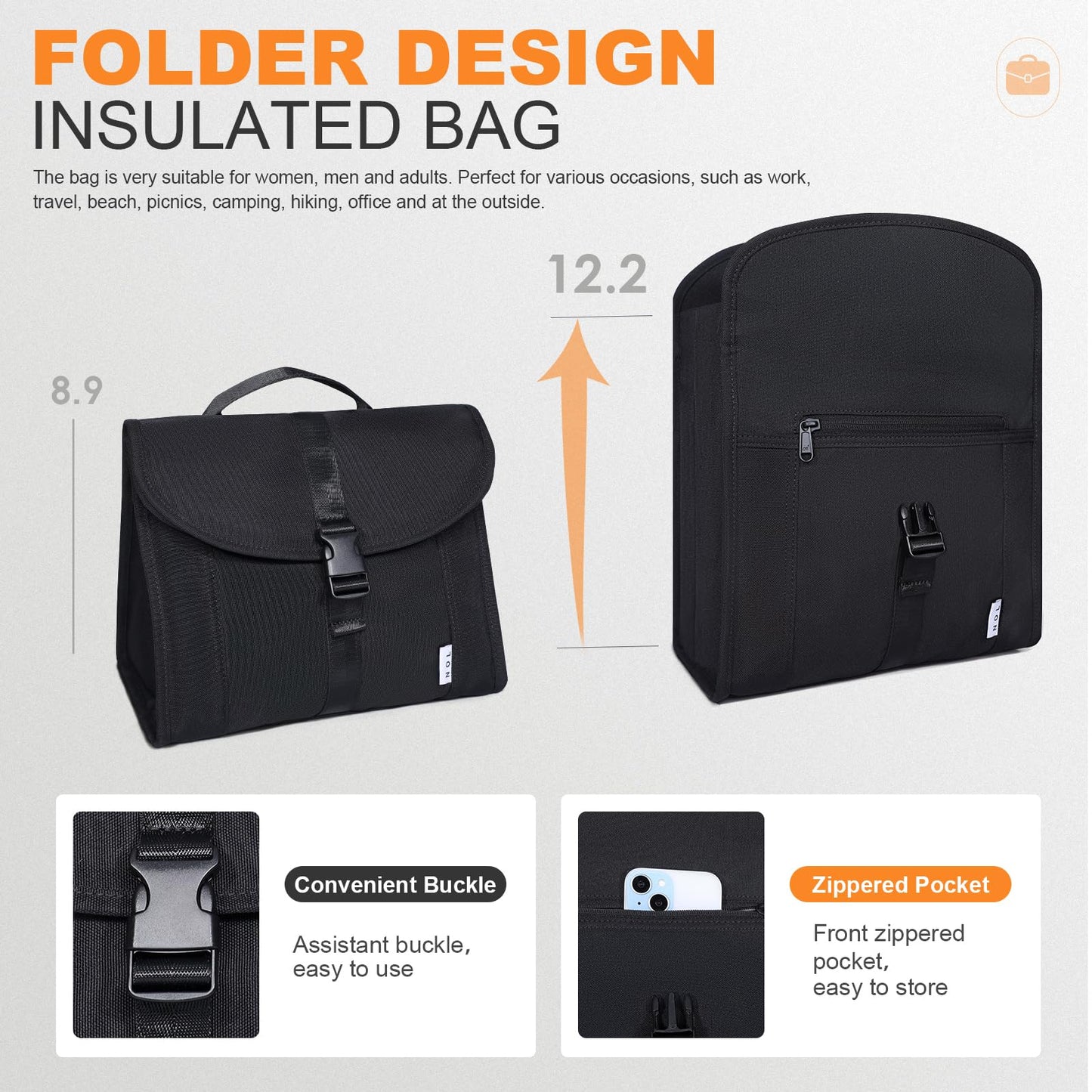 NOL Natural Organic Lifestyle Insulated Lunch Bag for Women/Men, Reusable Nylon Leakproof Lunch Cooler Box, Lunch Tote Bag With Buckle for Work Travel Picnic (Black)