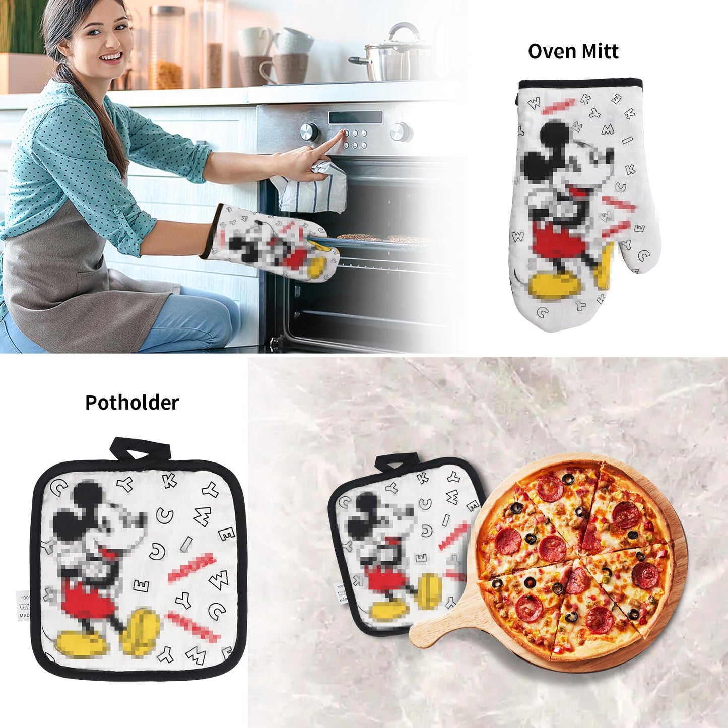 Wooden Spoon for Cooking- Cartoon Wooden Spoons Bamboo Utensils Set Kitchen Decoration- Birthday Gift Kitchen Accessory with Cute Apron Oven Mitt Potholder- Best Kitchen Gifts for Women Friends (Grey)