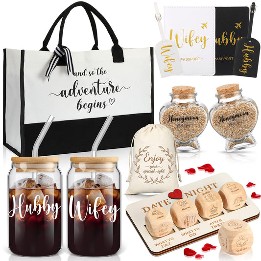 Sunnychicc 16 Pcs Wedding Gifts for Couple Mr Mrs Honeymoon Gifts Bridal Shower Engagement Favors with Glass Date Night Dice Passport Holder Baggage Tags Jar Tote Bag(Hubby and Wifey)