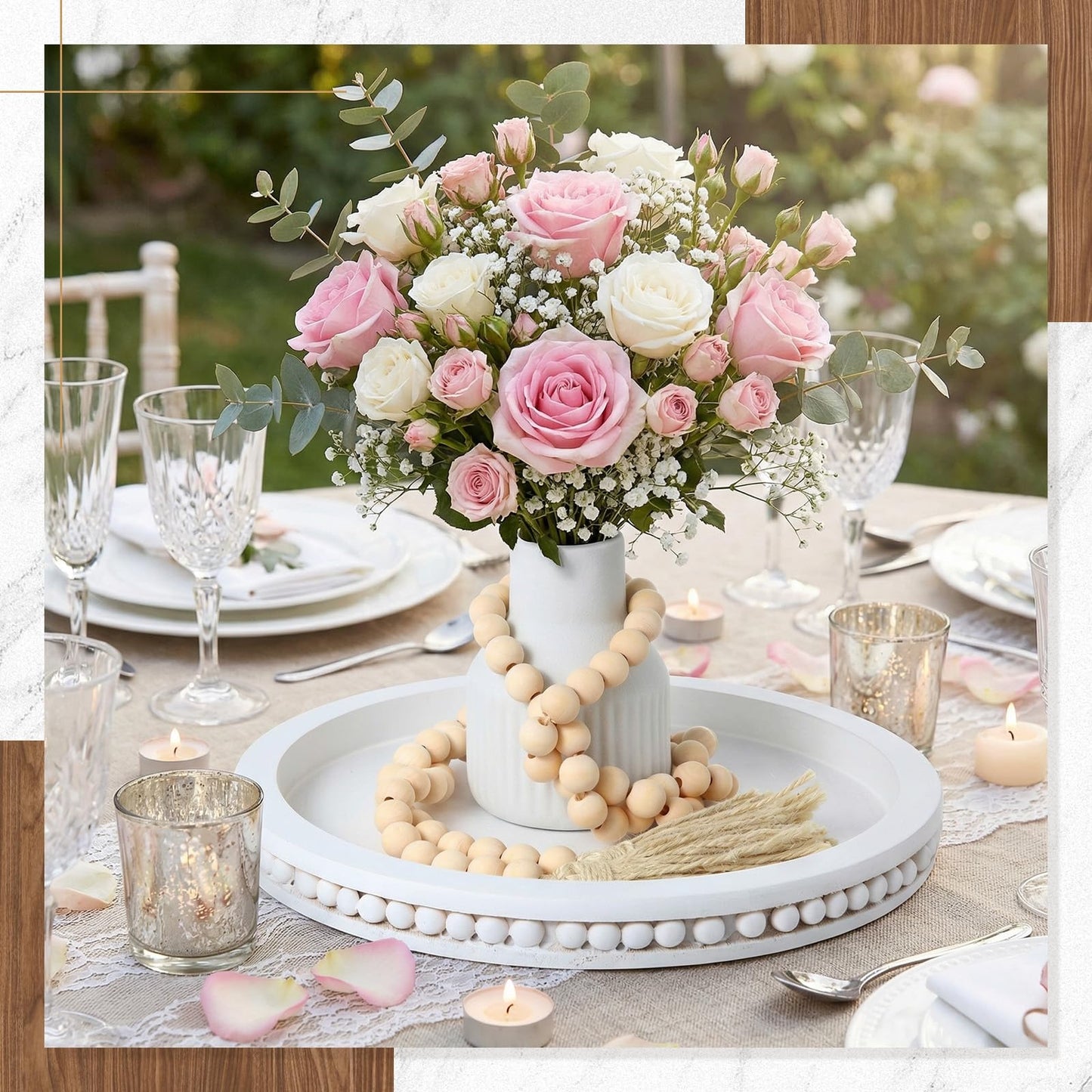 Tiangrid 3 Pieces Rustic Country Style Tabletop Centerpieces, Bohemian Style Ceramic Vase with Wooden Tray, Wooden Bead Garland, Tassel Table Stand for Home Decoration