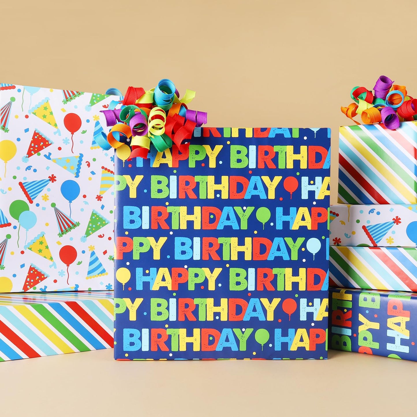 BIOBROWN Birthday Wrapping Paper, Colorful Gift Wrap with Text Happy Birthday Balloon Stripes Design for Kids, 17 inch X 120 inch Per Roll
