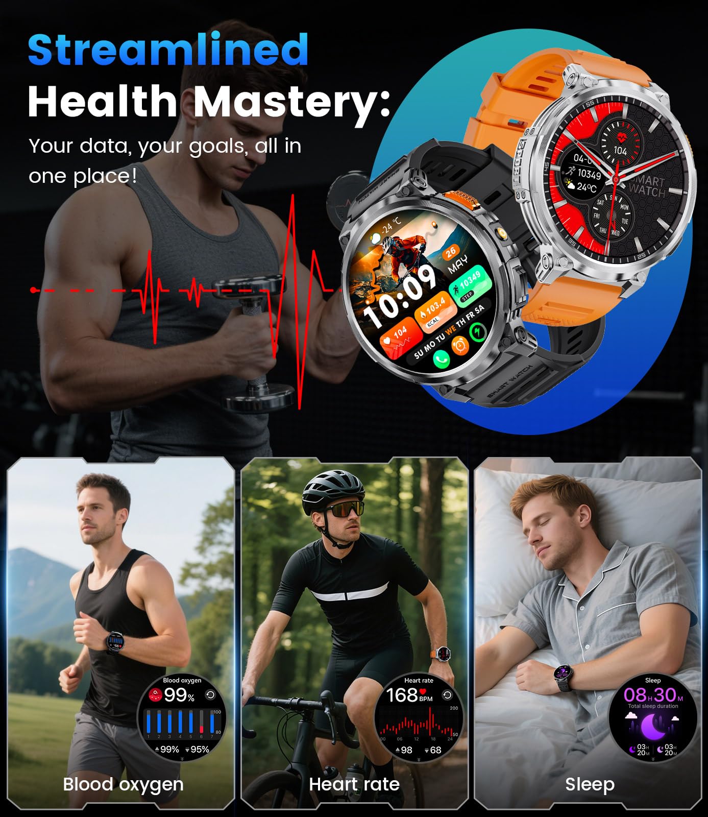 LIGE Smart Watches for Men with 730mAh Battery, 1.85" HD Smart Watch with Flashlight/Make/Answer Call/120+Sports Mode Fitness Tracker/Sleep Monitoring, iOS Android Waterproof Military SmartWatches