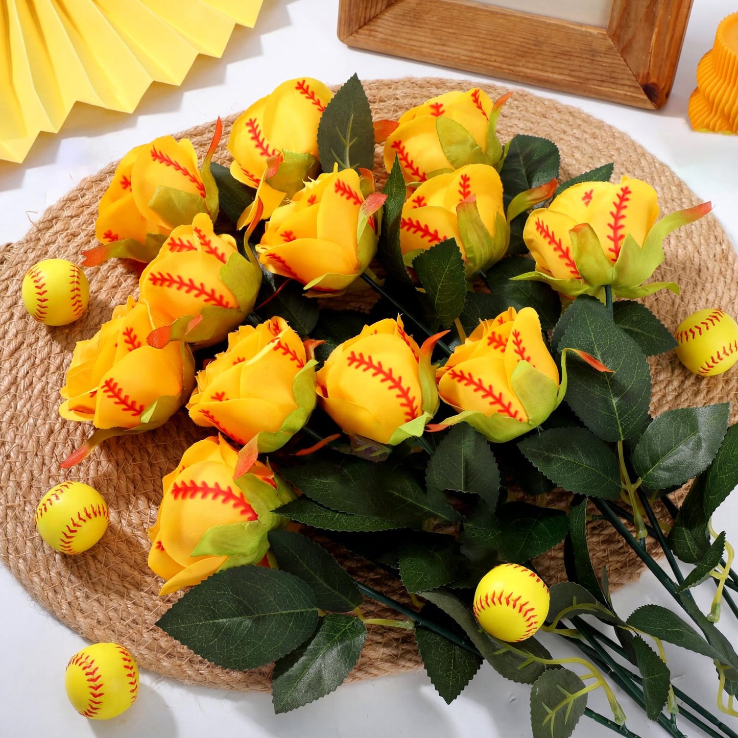Suncalla 12 Pcs Softball Rose with Leaves Bulk Artificial Fake Roses Decor Sports Flower Gifts for Table Centerpieces Graduation Wedding Gifts Sports Theme Rose Bouquet Party Favors
