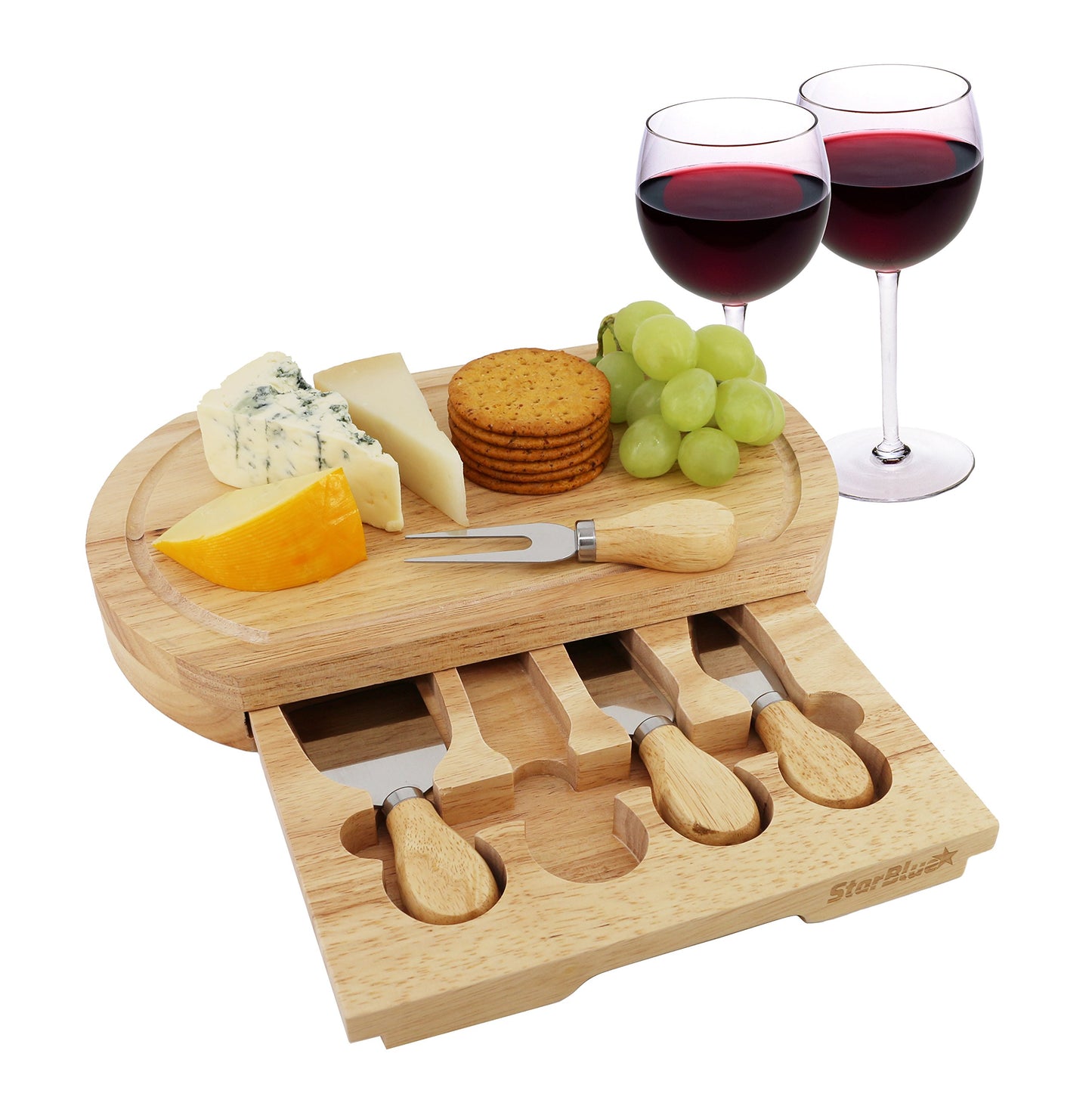 Cheese Board Set by StarBlue - with 4 Knives and Slide Out Drawer | Large Oak Wooden Cheese and Platter Cutting Serving Plate Tray | Best for Housewarming and Birthday Gift