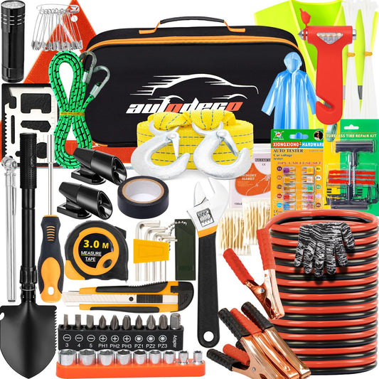 AUTODECO 82Pcs Car Roadside Emergency Kit with Jumper Cable - Automotive Safety Kit with Shovel